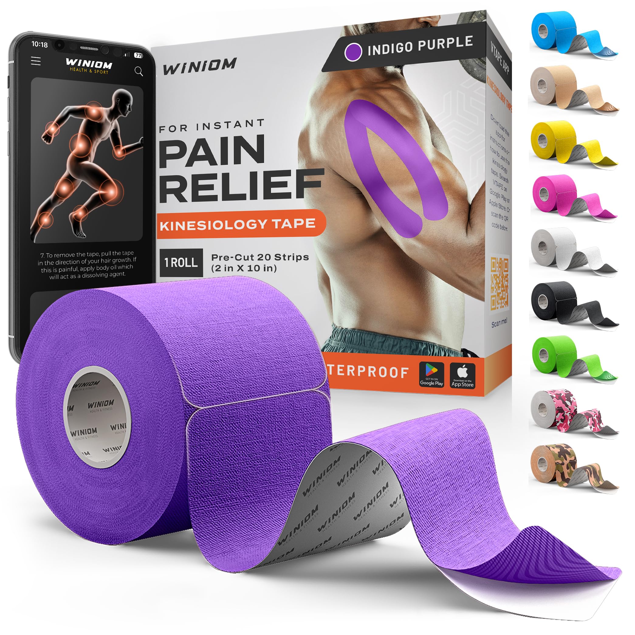 Cinta de kinesiología, increíble soporte para deportes atléticos y recuperación + guía de cinta gratuita (idioma español no garantizado), precortada de 2 pulgadas y 16.4 pies (morado índigo +