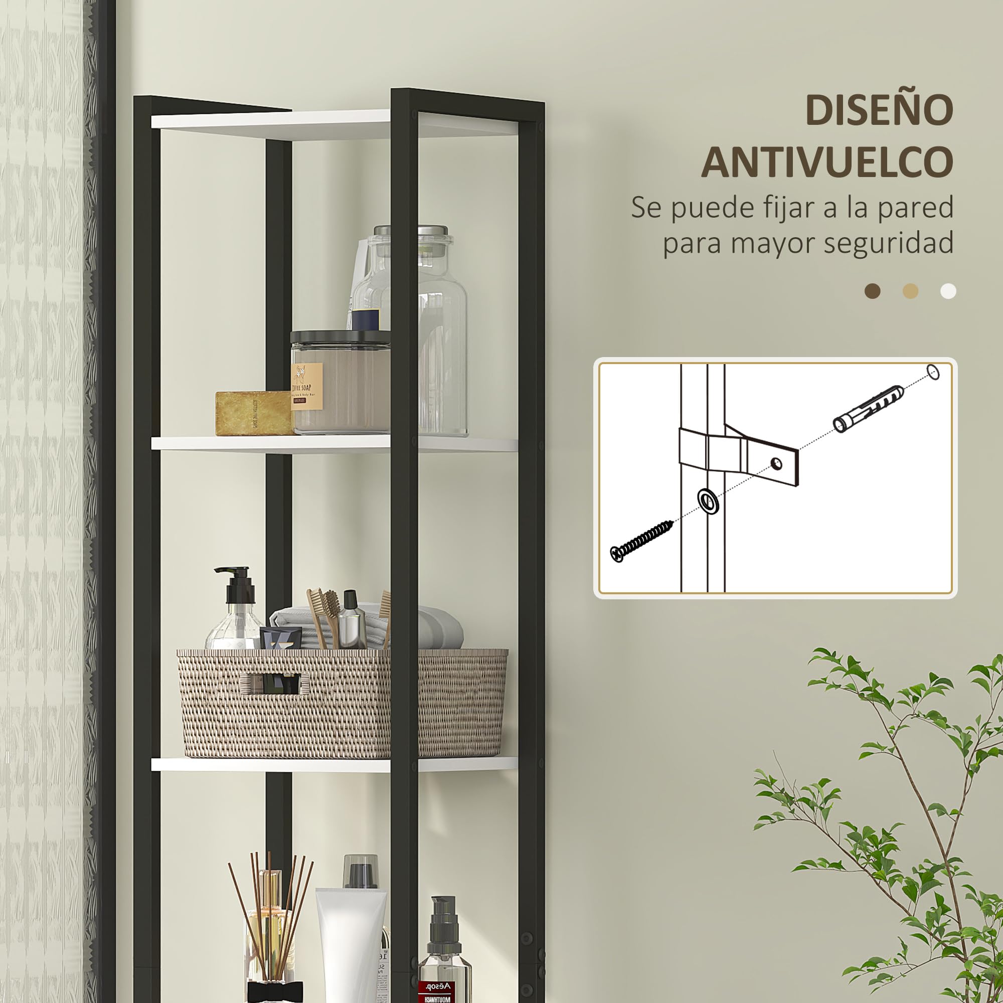 HOMCOM Armario Alto de Baño Columna Almacenaje 30x30x170 cm Blanco/Nogal | 3 Estantes Abiertos, 1 Puerta, Estante Ajustable, Mueble Auxiliar de Baño, Sistema Anti-vuelco