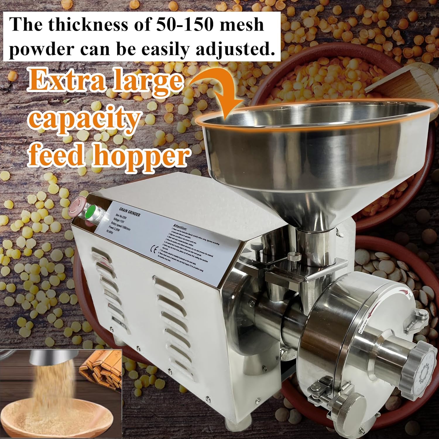 Electric grinder Mill Stainless Steel Grain Grinder Horizontal Continuous Mill Pulverizer Grain Grinding Machine 2.2KW Flour Mill for Dry Grain 30-60kg/h Production 50-150 Mesh Adjustable