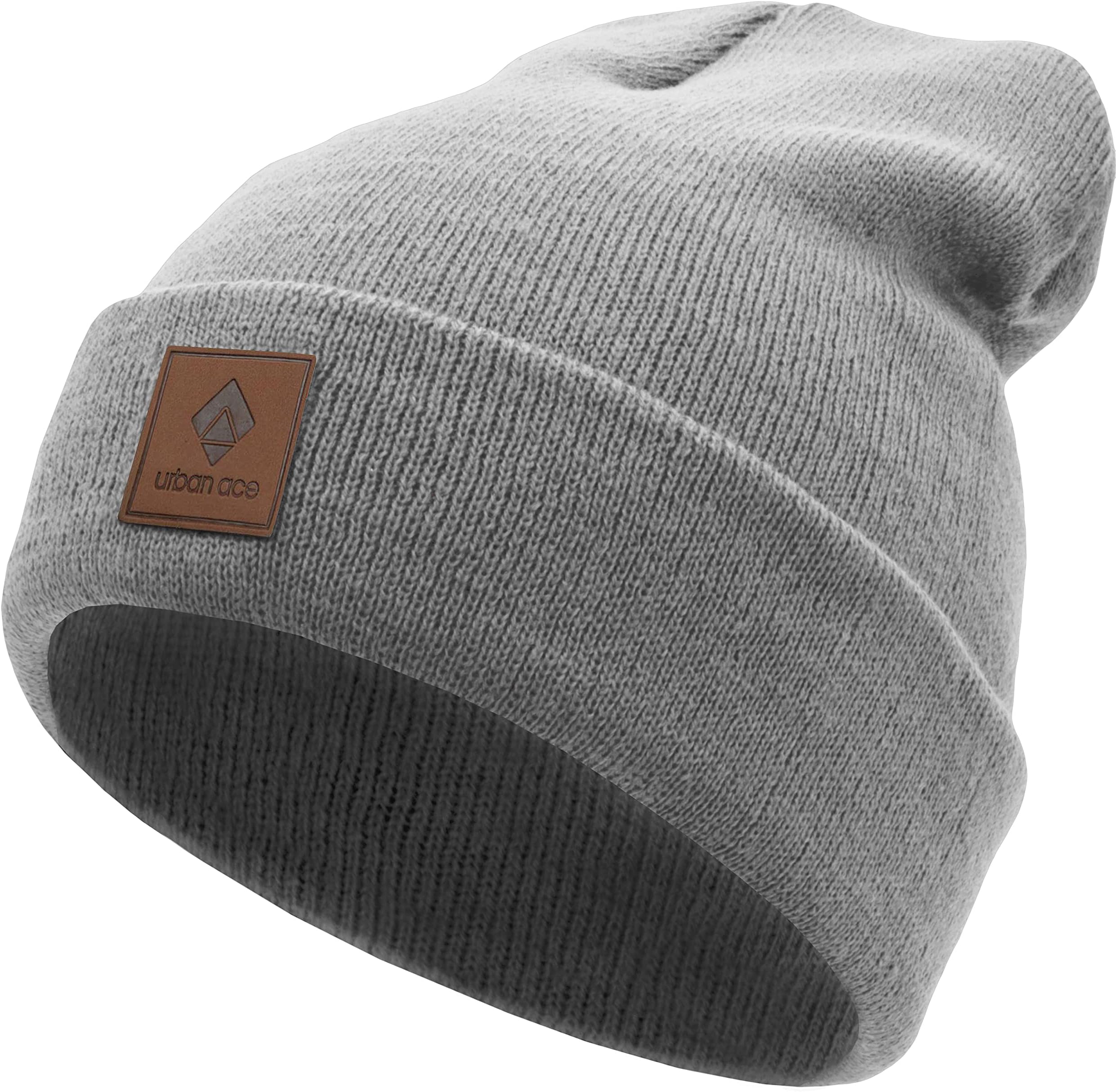 urban air Women's Street Classics cuff beanie hat with leatherpatch One Size Gray