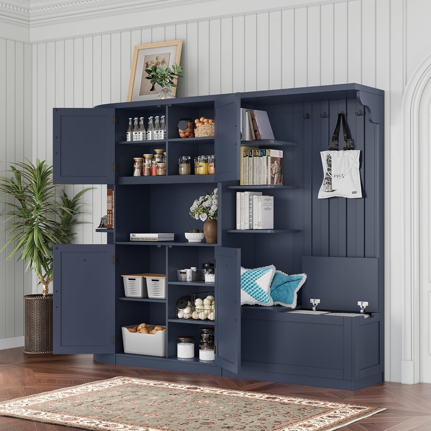 SOFTSEA Extra Large Hall Tree with Bench, Left-right Combination Hall Cabinet with Drawers & Shoe Storage Cabinets, Can Be Used Separately, Entryway Cabinet with 4 Hooks, for Living Room, Antique Blue