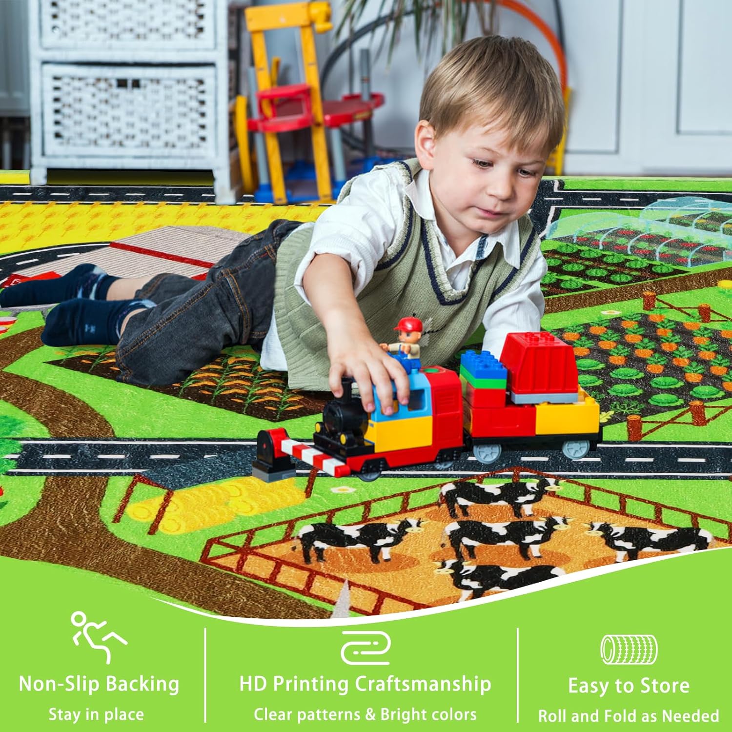 Kids Rug Play Mat for Toy Cars, 59"×78.7" Farm Life Road Traffic for Playroom Kids Car Road Rug Village Map Mat Farm Animals Washable Play Carpet for Toddlers Boys Room Family Tummy Time Playtime