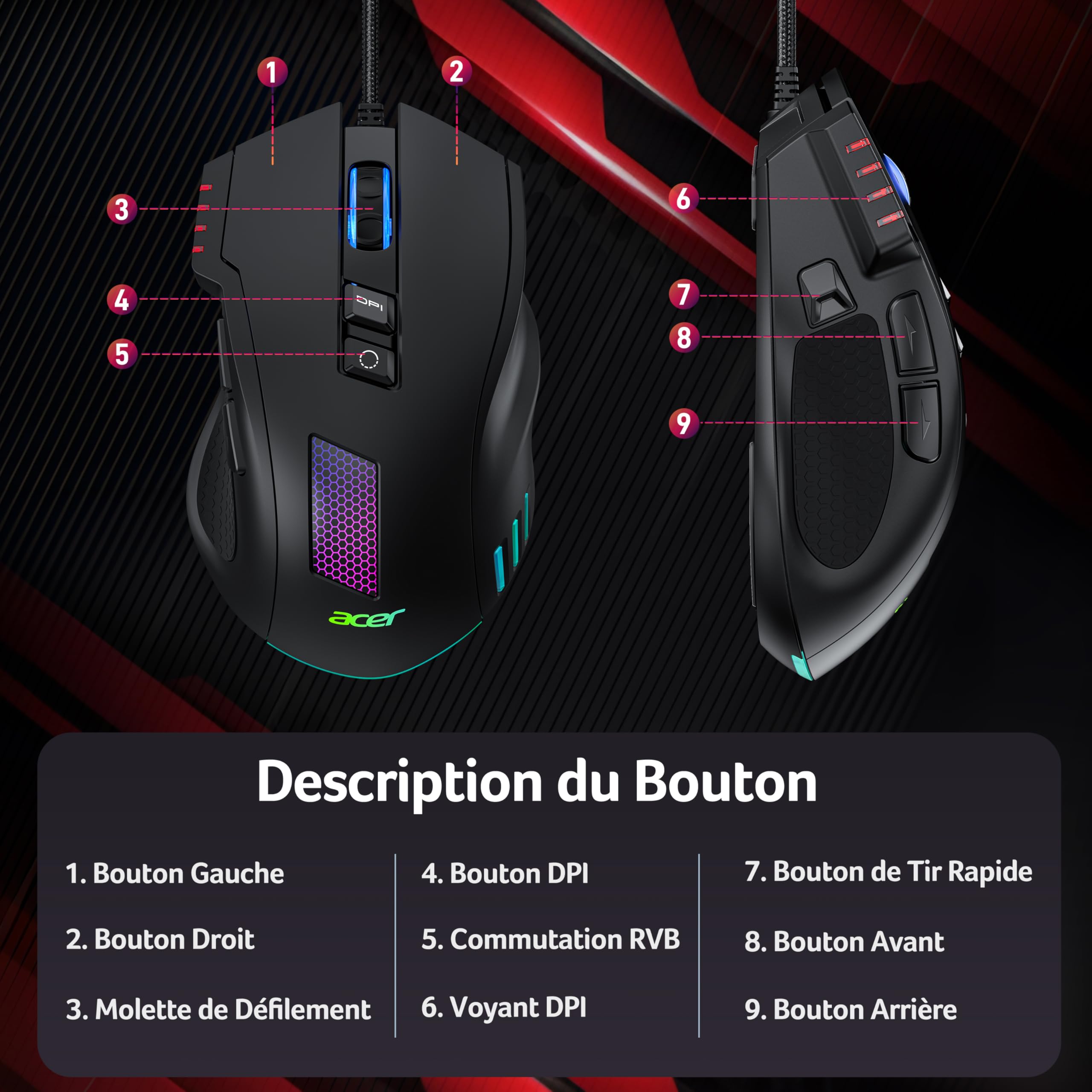 acer Souirs Gamer Filaire Ergonomique, 12 800 DPI, 8 Boutons programmables, Souris Gaming avec Fire Button, 12 Options RGB Personnalisable, Haute Précision- pour MOBA FPS CS