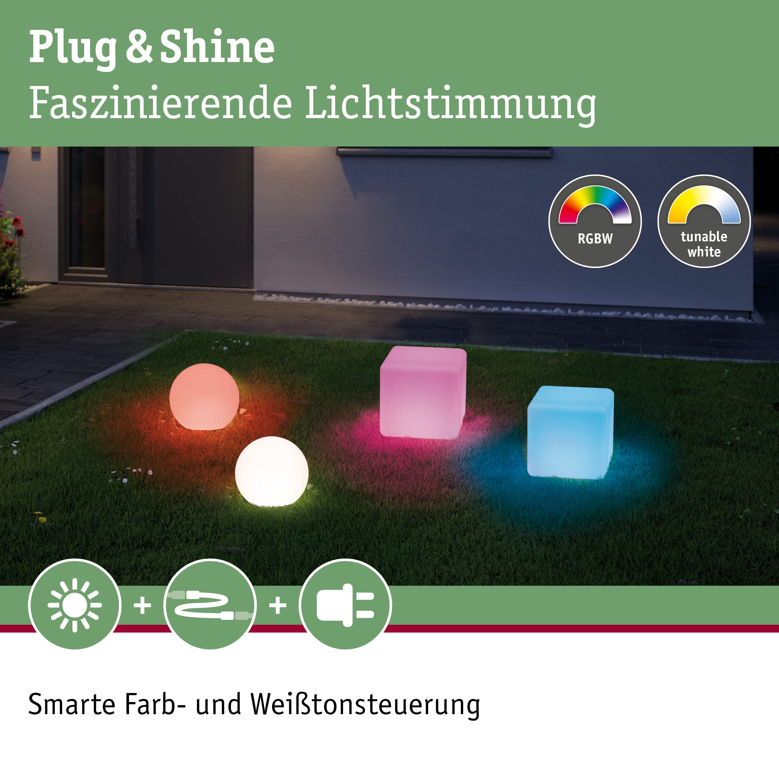 Paulmann 94269 Plug & Shine LED apparecchio per esterni ZigBee Globe RGBW incl. 1 oggetto luminoso dimmerabile da 2,8 Watt IP67 bianco illuminazione da giardino plastica bianco caldo 3000 K