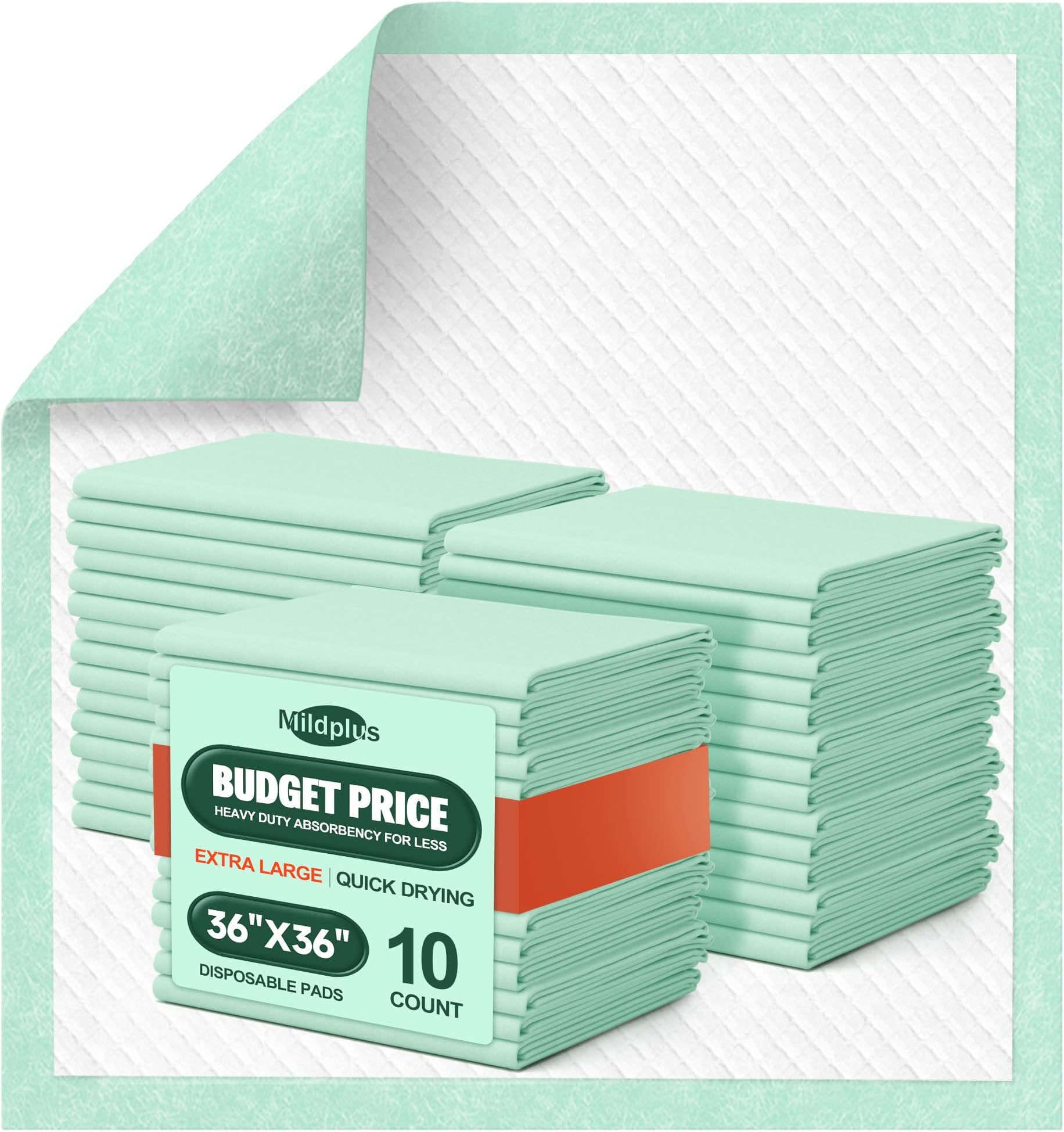 MILDPLUS Disposable Bed Pads 36'' X 36'' Heavy Duty Underpads Extra Large Incontinence Pads for Unisex Adult, Senior, Kids and Pet (10 Count)