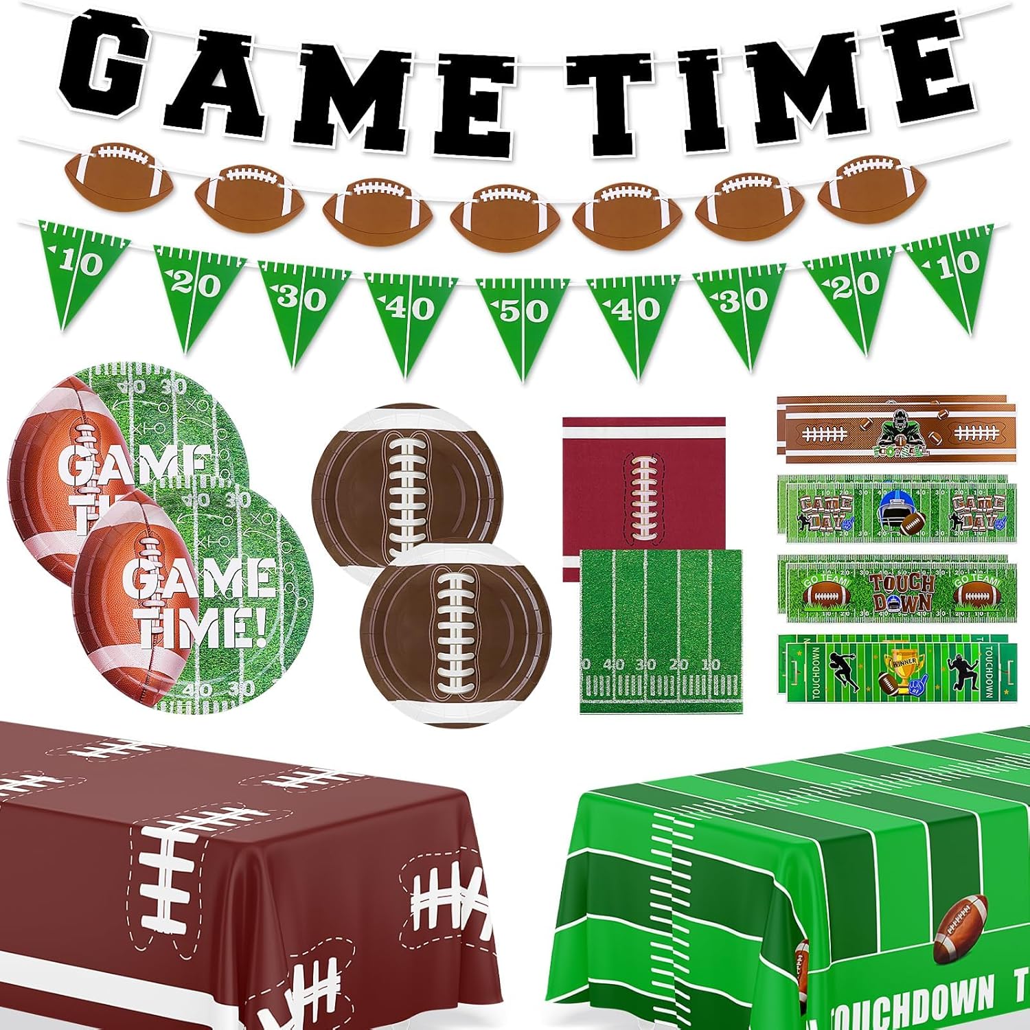 SelfTek Football Party Supplies Kit Serve 24, Football Plates and Napkins, Touchdown Tablecloth, Banner, Cups Sticker, Football Birthday Party Decorations for Gameday Tailgate Party - Image 8