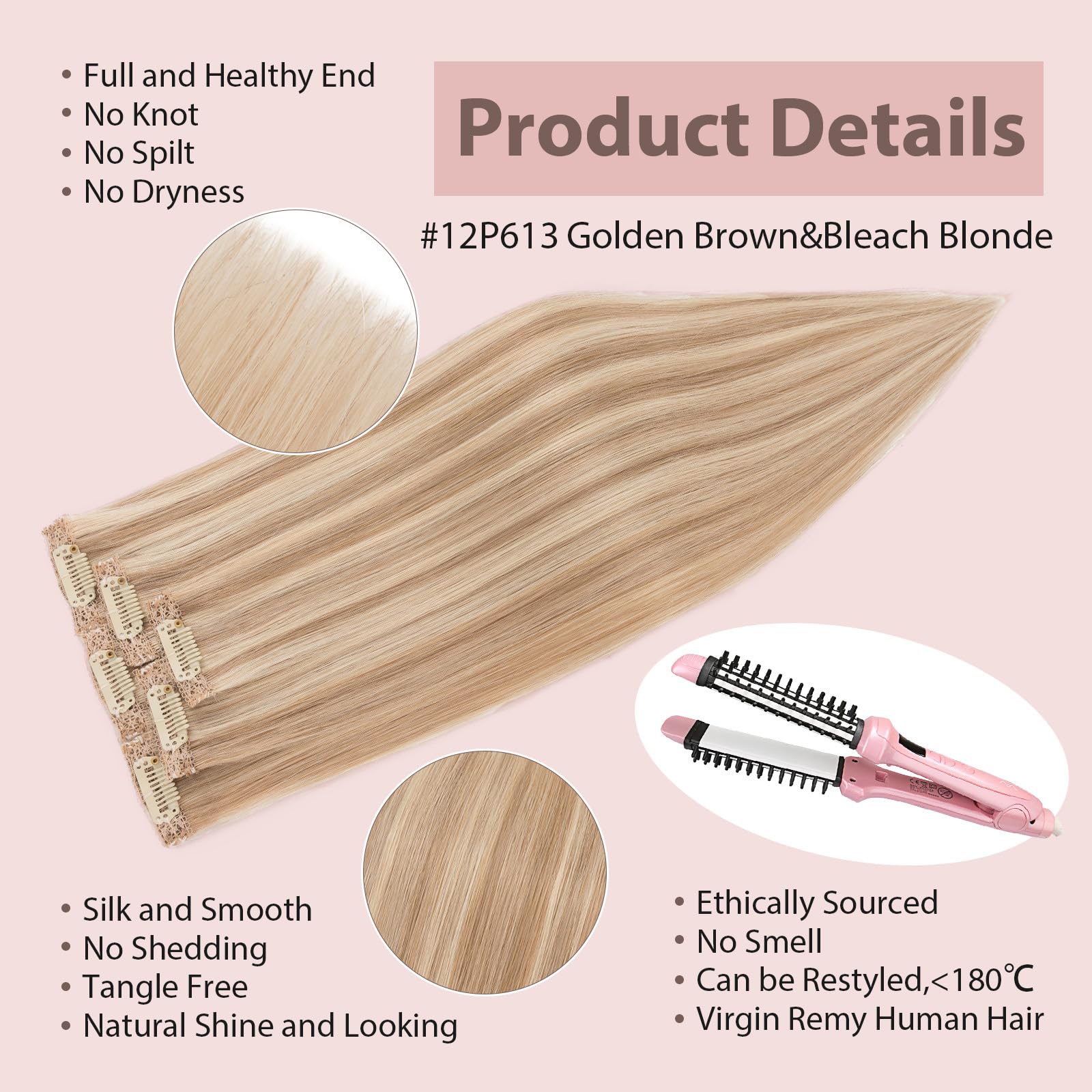 Silk-co Clip in Hair Extensions Real Human Hair Extension Double Weft With Lace Coverd Clip in Silky Straight Very Thin Highlight efffect Women 6PCS 6Clip 10In #12P613 Golden Brown&Bleach Blonde 31g - Image 4