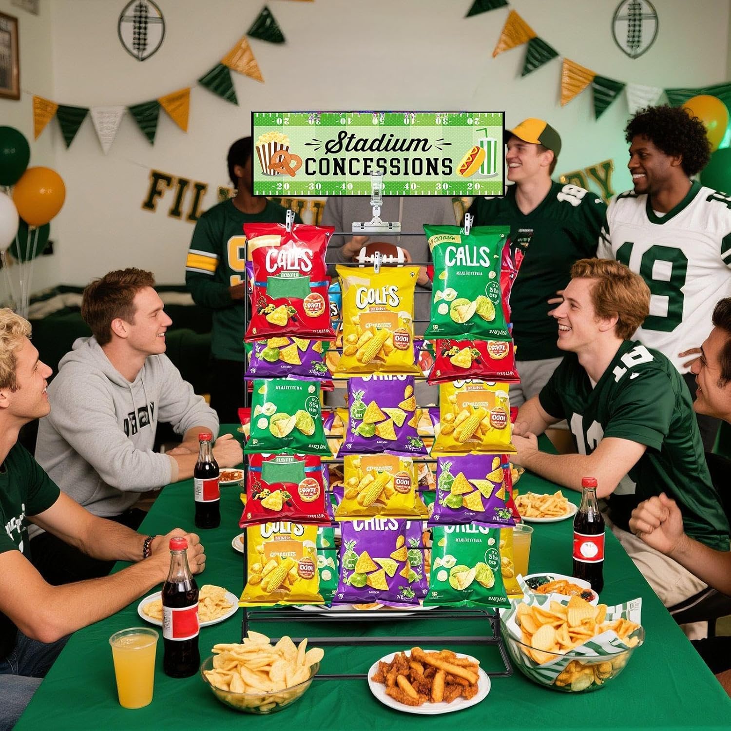 Geelin Football Party Potato Chip Rack Table Decor Concessions Sign and Display Stand with 60 Clips Countertop Snack Holder for Bags Metal Storage Candy Rack for Football Birthday Party