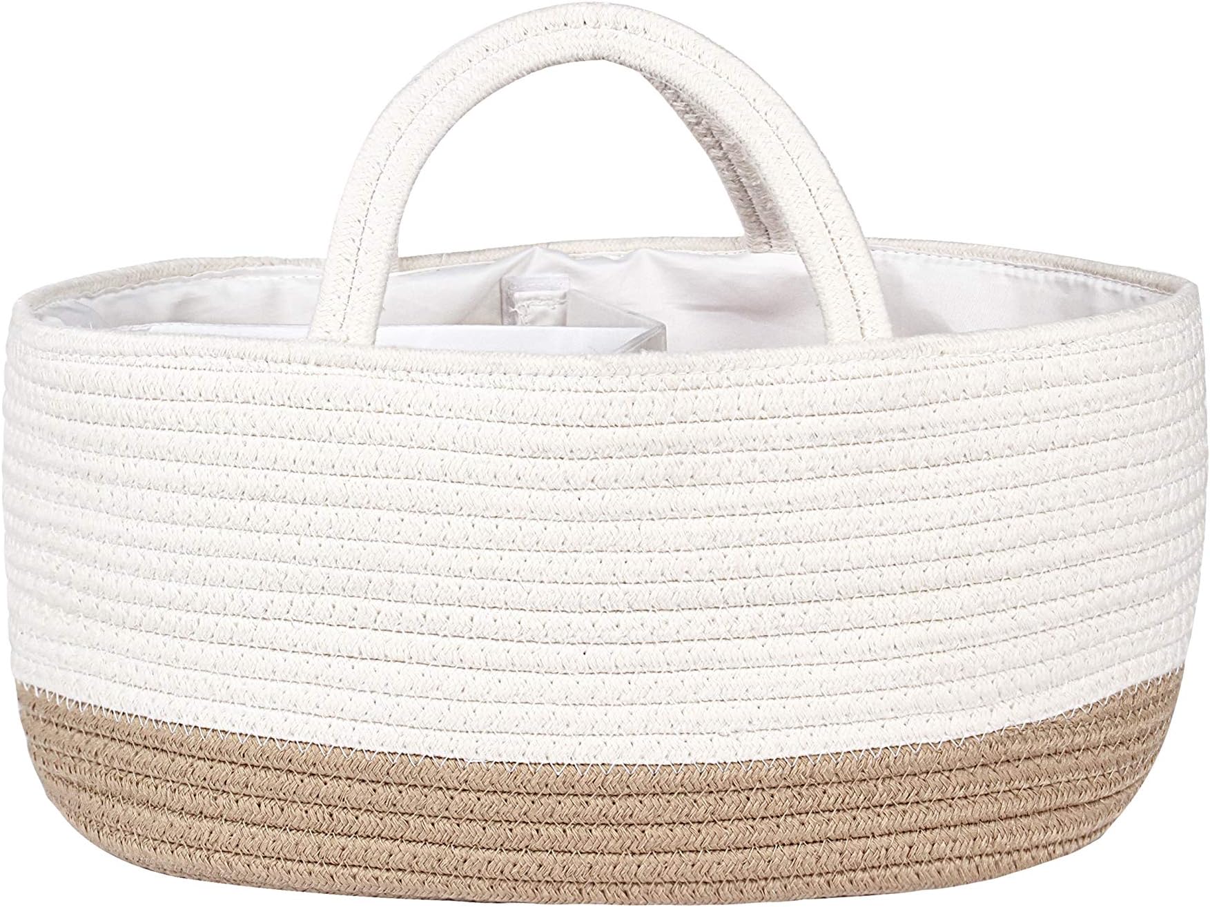 Mila Millie Baby Large Cotton Rope Diaper Caddy | Organizer Storage Bin for Nursery Essentials | Portable Bag for Changing Table and Car | 100% Natural Cotton | Eco Friendly (White & Biege)