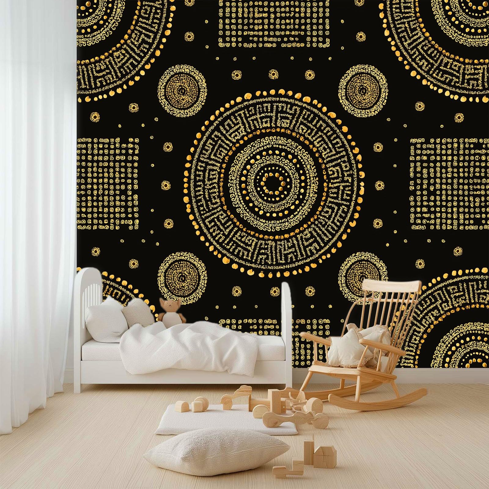 Geometryczna tapeta plemienna panoramiczna w kropki, okrąg etniczny 200 x 140 cm, czarny, gigantyczny plakat ścienny, efekt 3D Trompe l'oko, dekoracja ścienna do salonu, pokoju dziecięcego i jadalni