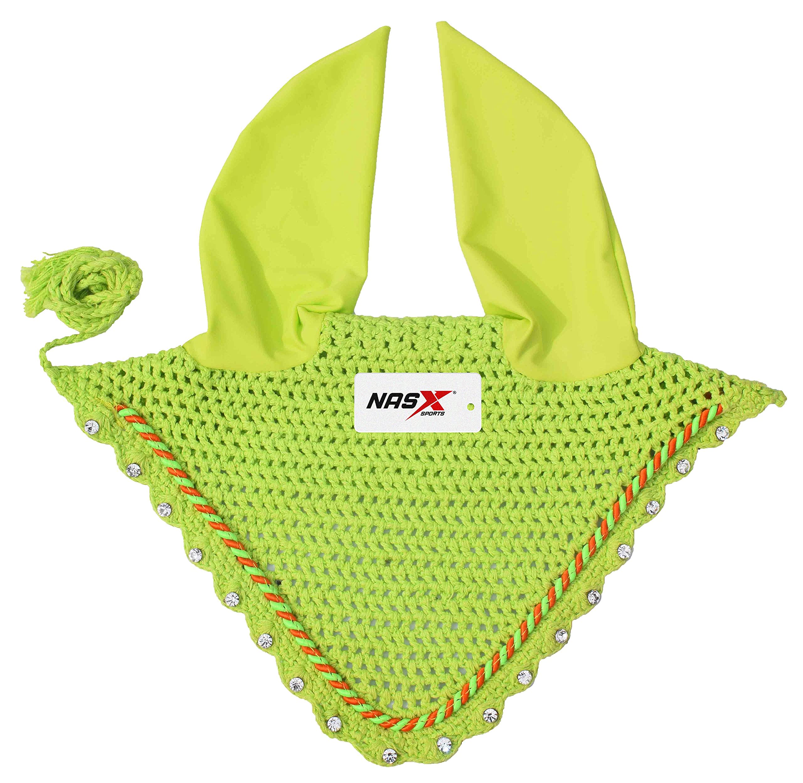 Diamante Crystal Horse Fly Hood Veil Ear Bonnet Flyveil Cotton Crochet Handmade Glitter (FULL, Neon Yellow)