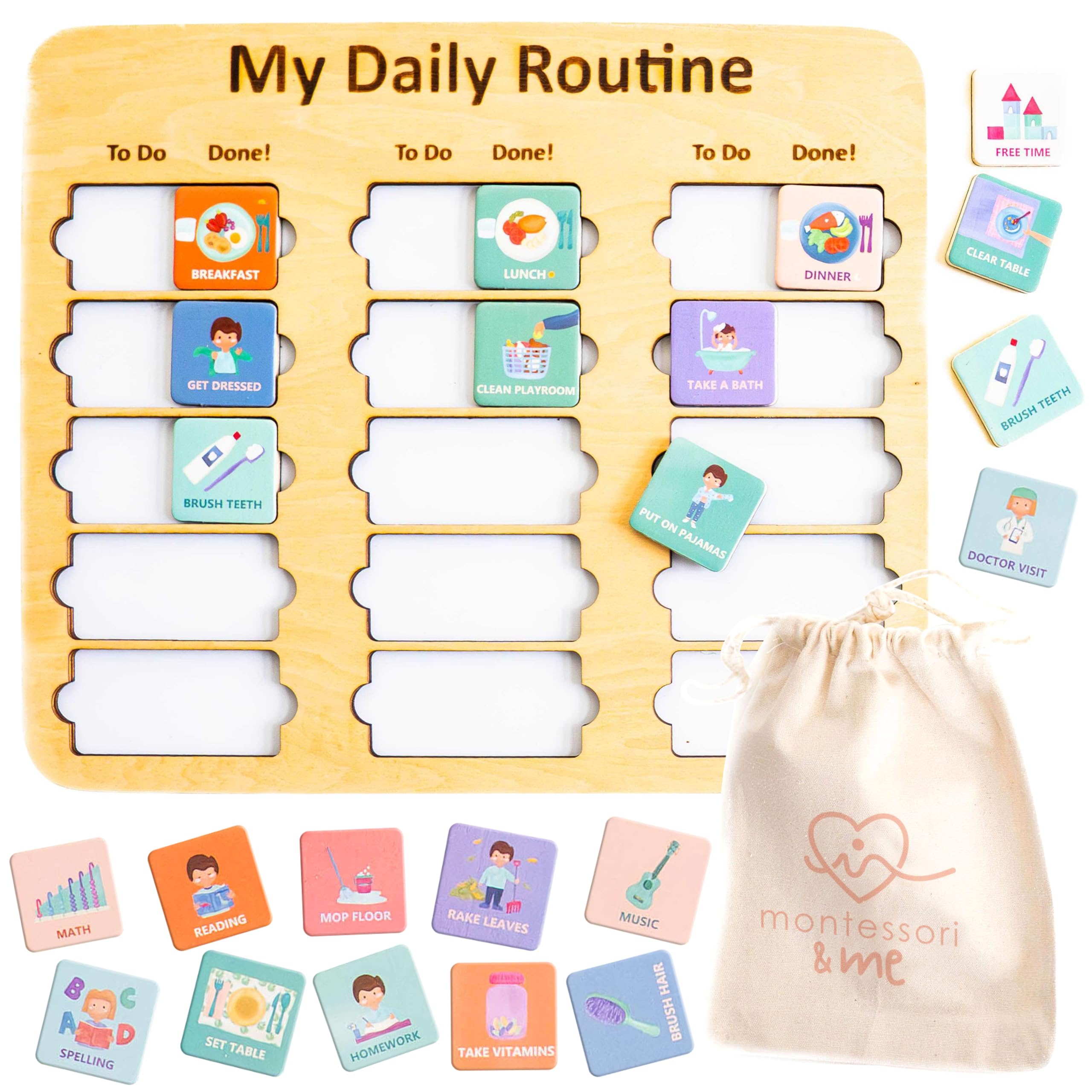 Wooden Toddler Routine Chart Ages 3-6 – Daily & Bedtime Routine Chart for Toddlers, Visual Schedule Board for Kids, Montessori-Inspired Visual Schedule for Kids Daily Routine
