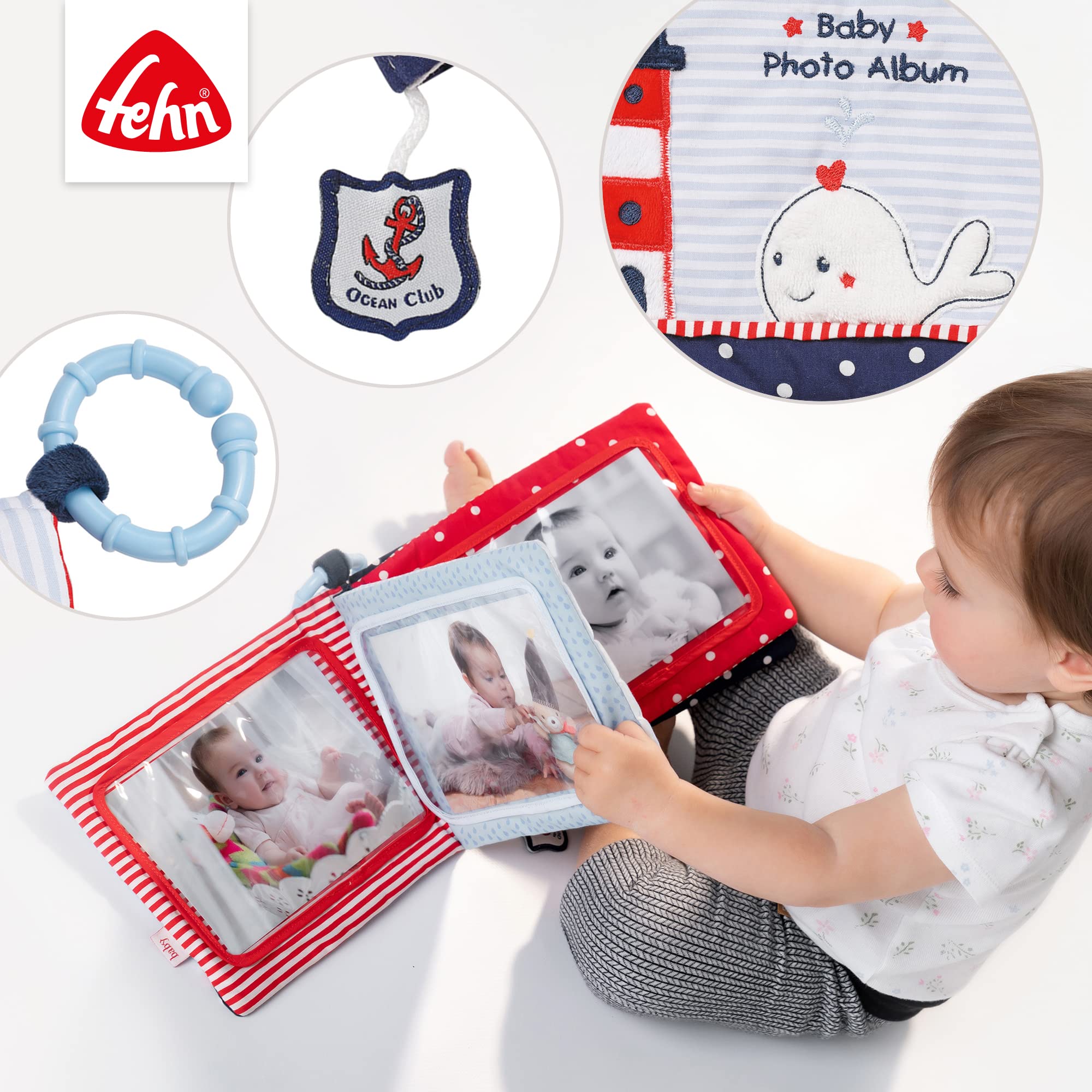 Fehn álbum de fotos Ocean Club - Descubrir, explorar, sentir: Memoriza caras y aprende nombres de forma lúdica con el álbum de fotos de tela, para bebés y niños pequeños a partir de 0 meses