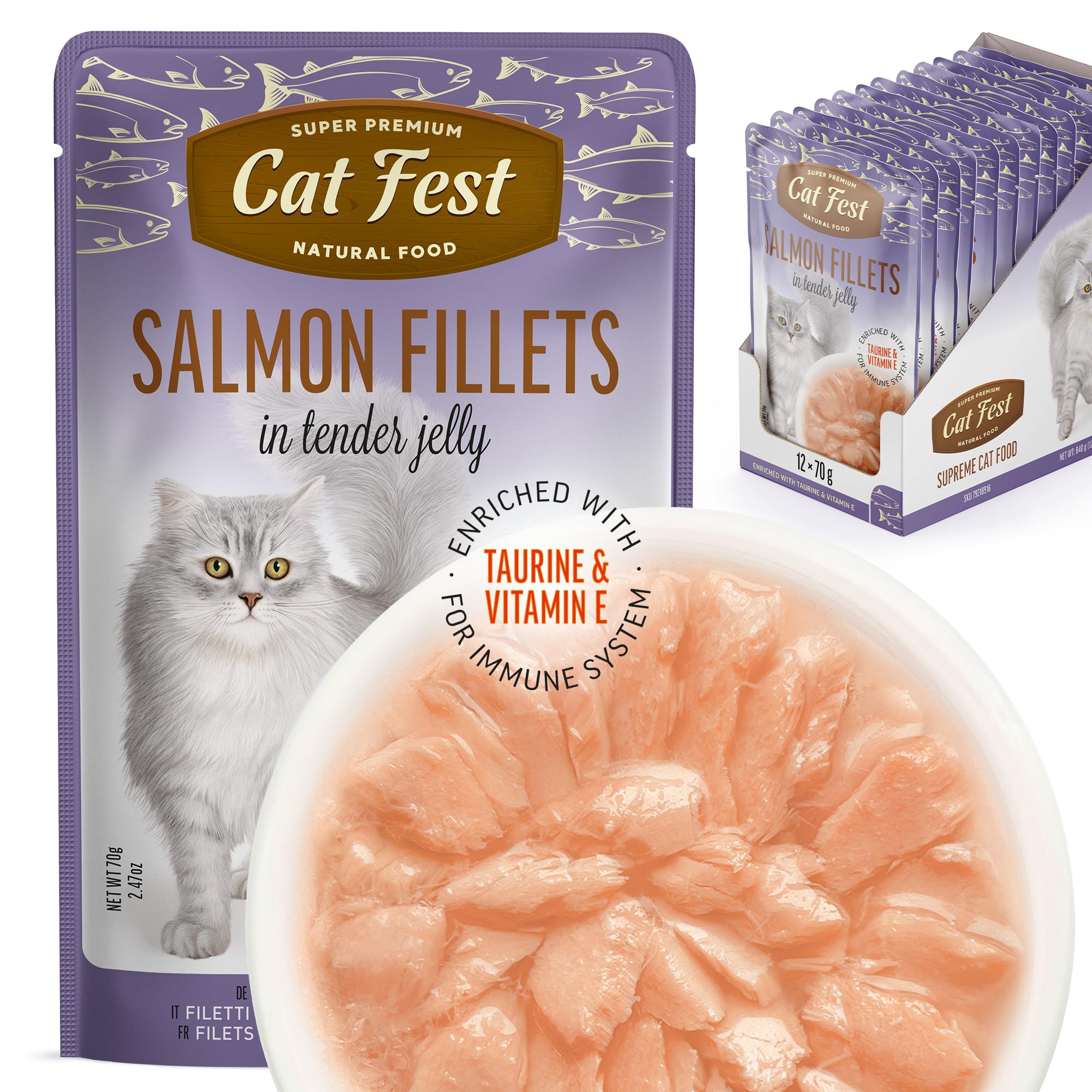 Cat Fest Salmon Fillets in Tender Jelly, 100% Natural Wet Cat Food Pouches, High Fish Content, Enriched with Taurine, Vitamin E & Fish Oil, 12 x 70g