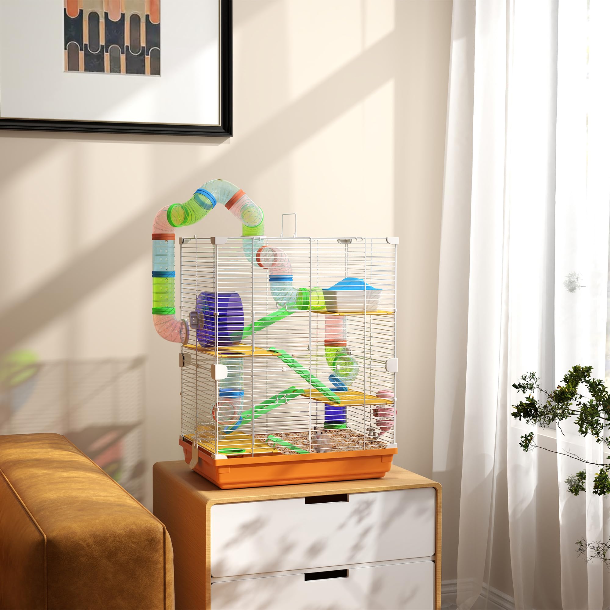 PawHut Cage pour Hamster Rongeur 4 étages avec Tunnels mangeoire Roue Maison échelles dim. 46L x 30l x 58H cm Orange - 3