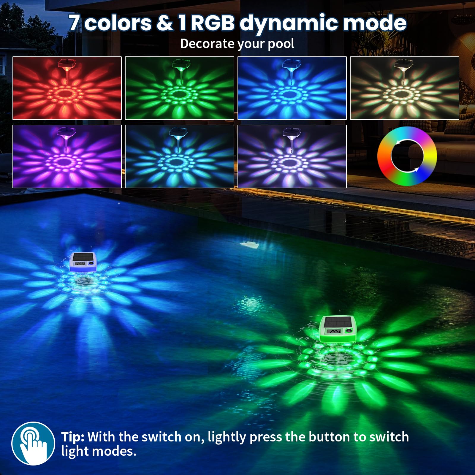 Termómetro Piscina Flotante Solar, iluminación de piscina con 8 modos LED, Termómetro digital fácil Lectura, Luz Solar Piscina IP68 impermeable, para estanque de jardín, Spa, bañeras, Acuarios