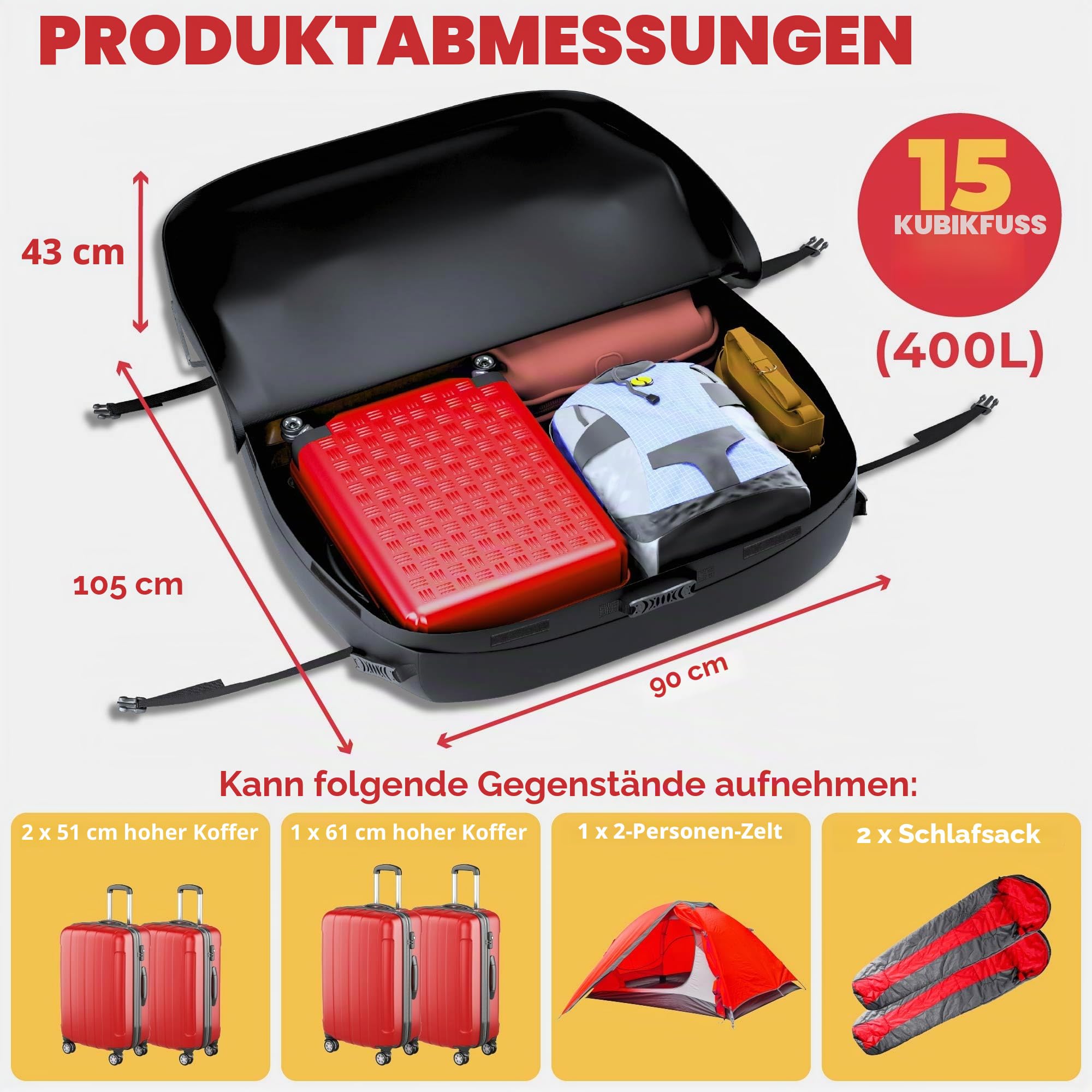 GADLANE Auto Dachtasche 400L Wasserdicht Dachbox für Autos & SUV mit oder ohne Dachträger mit 4 stabilen Gurten Anti-Rutsch-Matte Aufbewahrungstasche (Schwarz)