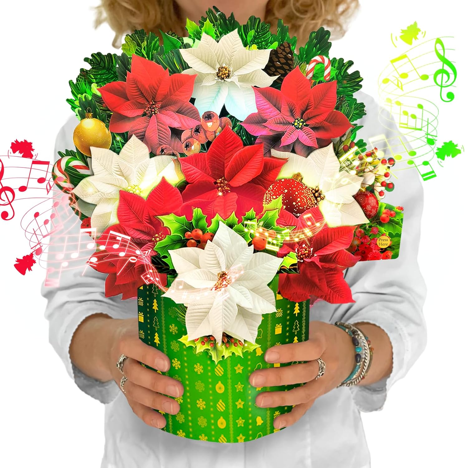 DTESL Christmas Flowers Card, Music & Light 13 inch Holiday