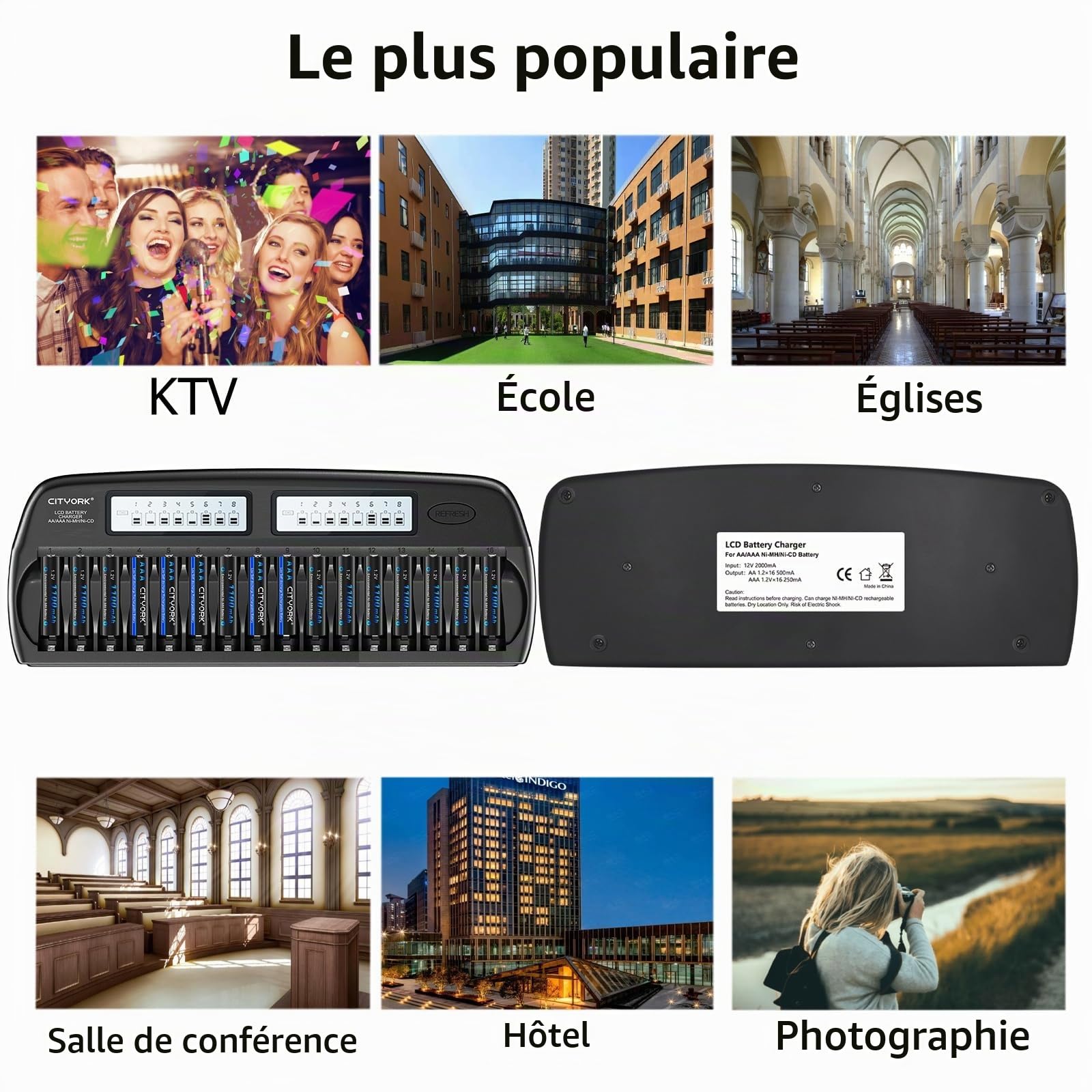 CITYORK LCD Chargeur de Piles AA AAA 16 Slot pour Piles Rechargeables AA/AAA Ni-MH Ni-CD avec Protection IC intégrée et Bloc d'alimentation (Chargeur Inclus)