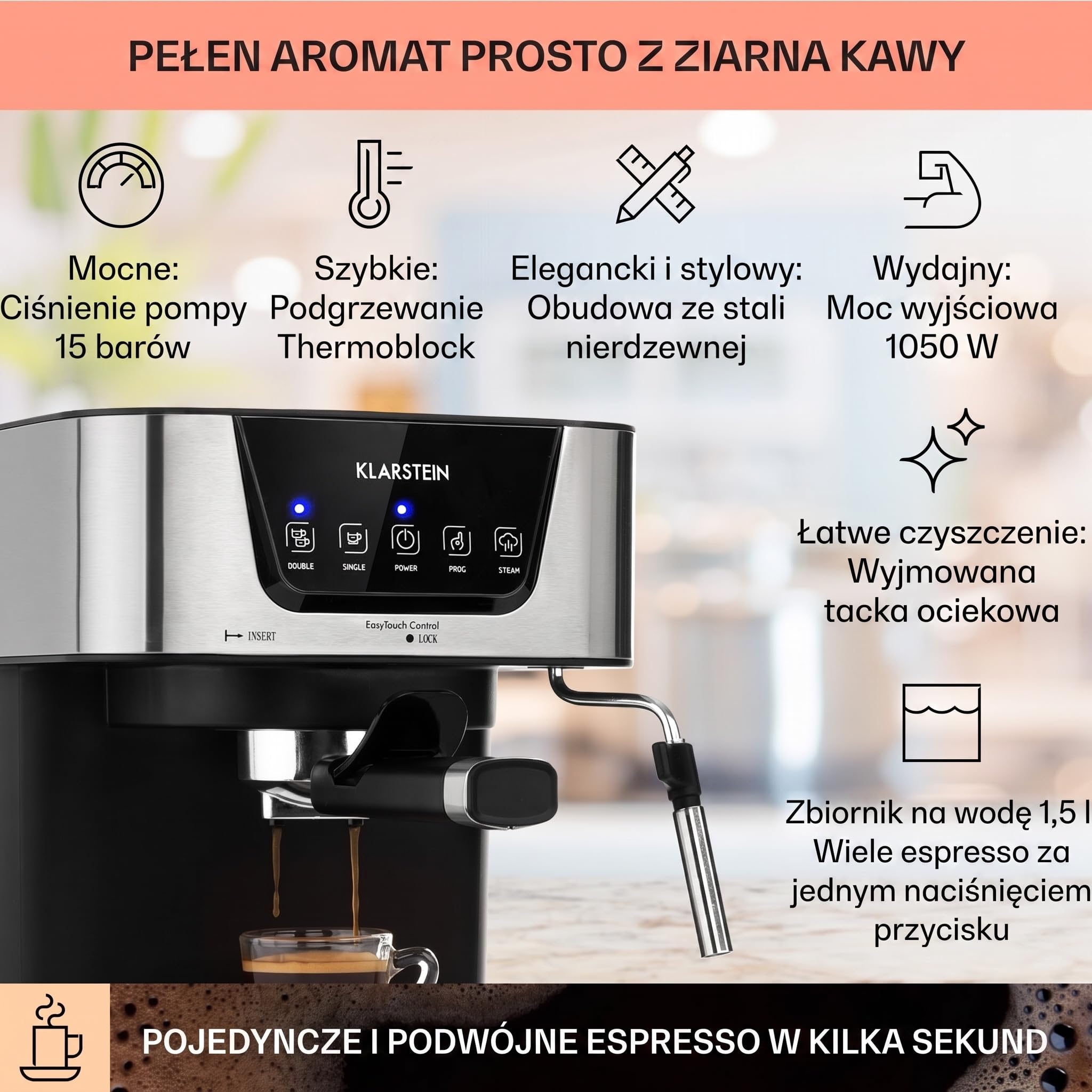 Klarstein Ekspres kolbowy 1,5 L na 2 filiżanki kawy, Mini ekspres ze spieniaczem do mleka, 15 barów, Mały kolbowy do kawy, Dobry do espresso, Ekspresy ze stali nierdzewnej 1050 W