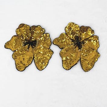 2 Pcs Embroidery Sequin Bra Applique Sewing Flower Fabric Patch for Hat,Bra,Jacket,Gown Dress DIY Crafts  Gold
