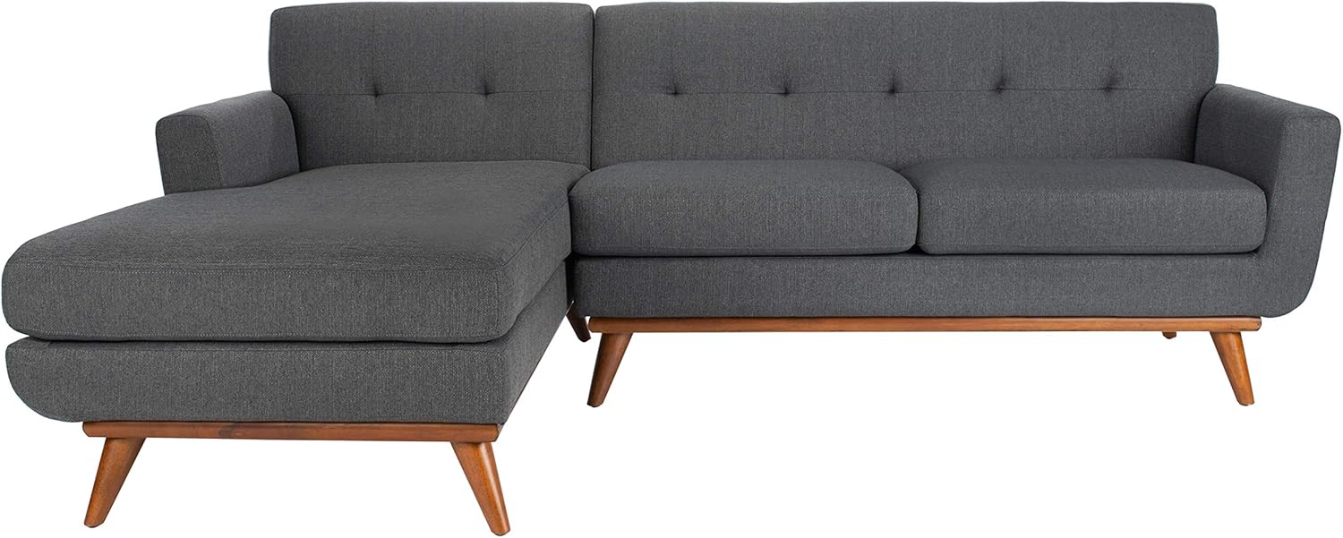 SAFAVIEH Couture Collection - Nicolettie Linen Chaise Sectional Sofa – Slate Grey, Mid-Century Modern Design with Tufted Cushions & Wood Legs, Left-Facing Chaise (DUP1008A)