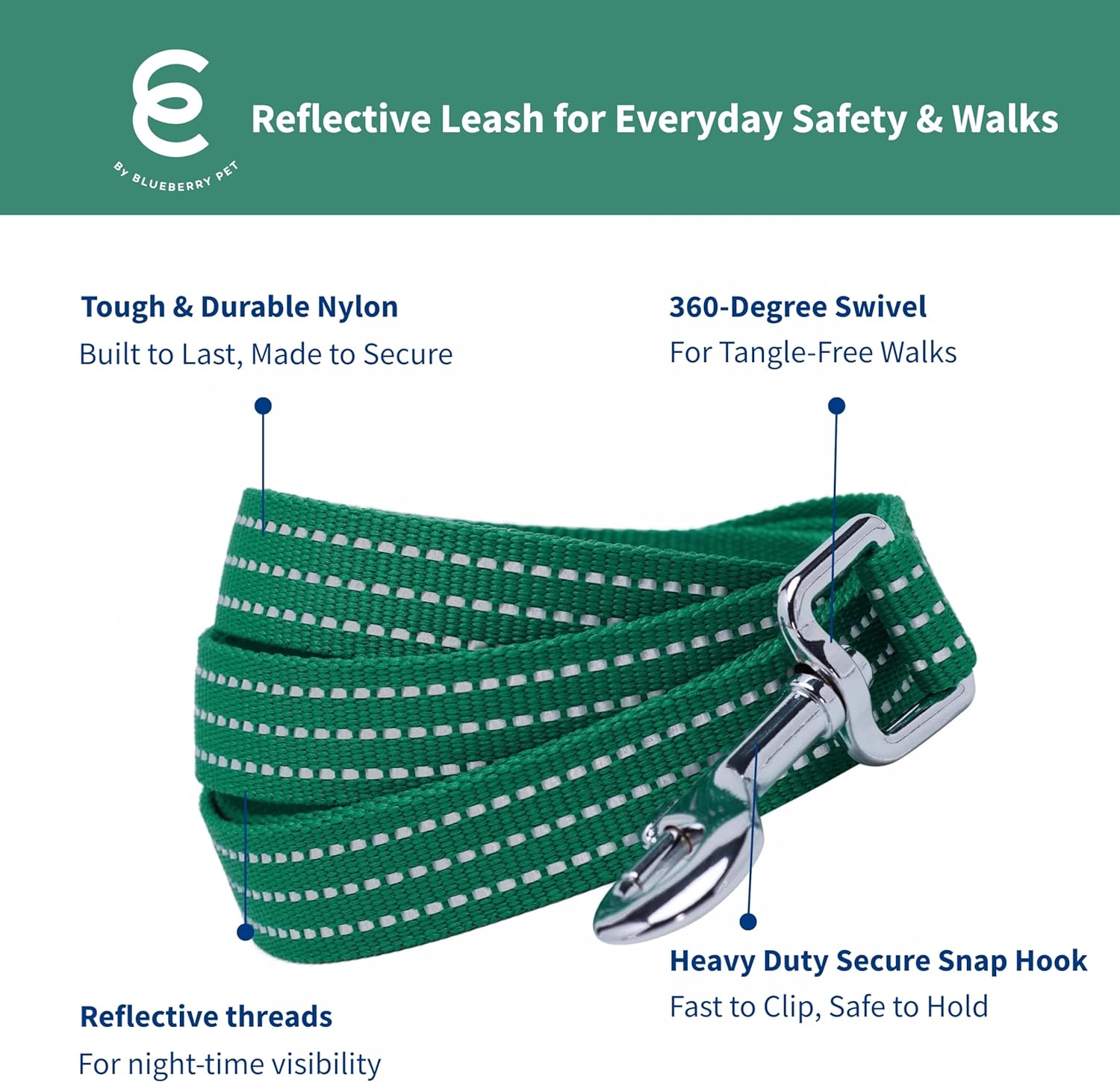 Blueberry Pet Essentials Reflective Better Basics Matching Dog Collar Leash Harness Set in Dark Green, Adjustable Collar with Harness & 5 ft Leash for Medium Dogs