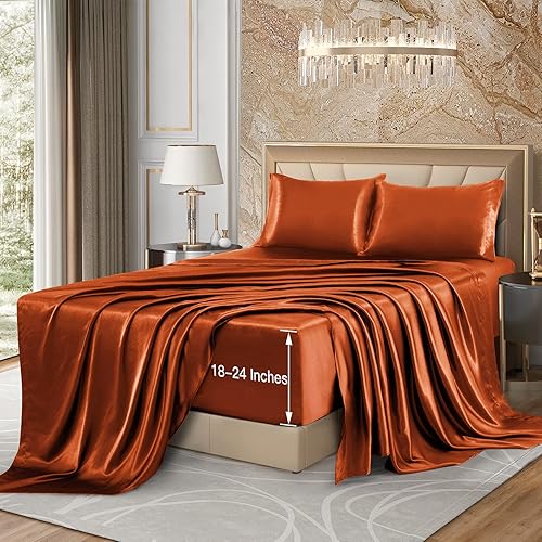 Miniatura 4 de VACVELT Juego de sábanas de satén, 4 piezas, tamaño Queen, con bolsillo extraprofundo, color naranja quemado, juego de sábanas de satén para