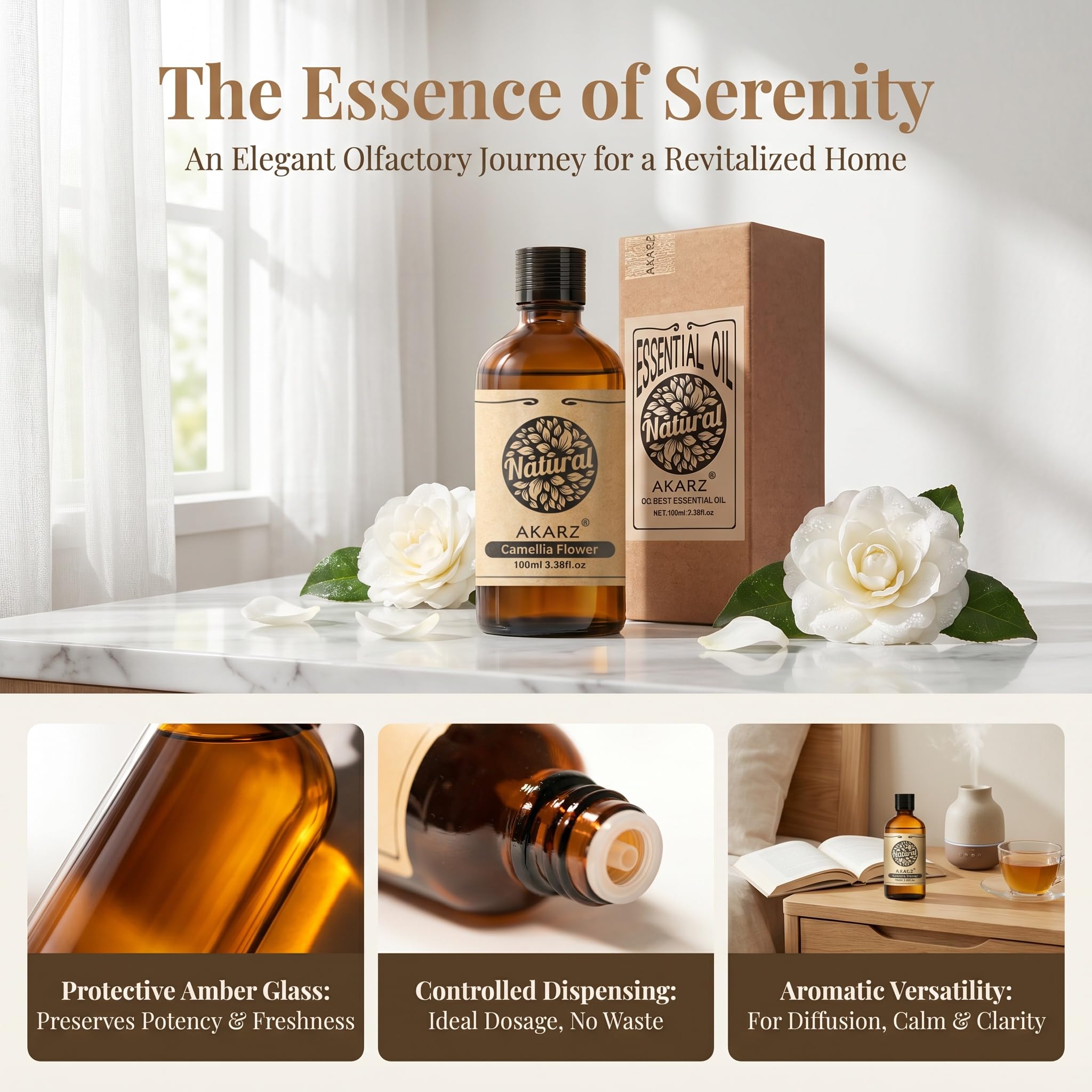 AKARZ 100ml Olejek esencjny z Kwiatu Kamelii - Naturalny olejek aromatyczny do dyfuzorów, lamp aromatycznych i aromatów pomieszczeń