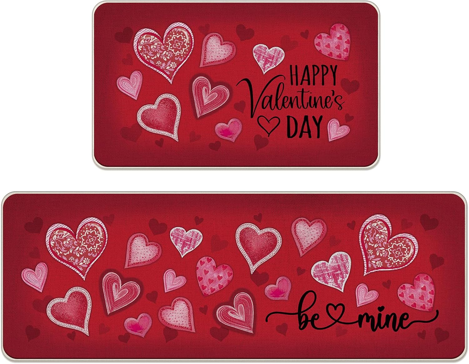Happy Valentines Day Kitchen Rugs Set of 2, Red Pink Love Heart Be Mine Glitter Floor Mats Home Decor, Anniversary Wedding Door Mat Decorations - 17x29 and 17x47 Inches
