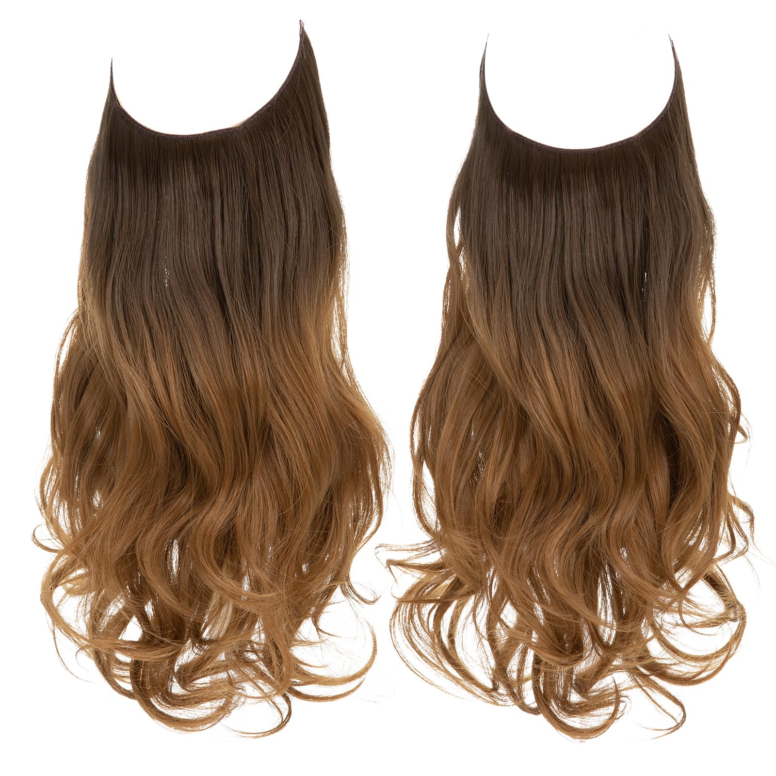 SARLA Invisible Wire Hair Extensions with 3 Clips Long 18 Inch Synthetic Wavy Curly Hairpiece for Women Adjustable Transparent Headband Brown to Golden - Image 2