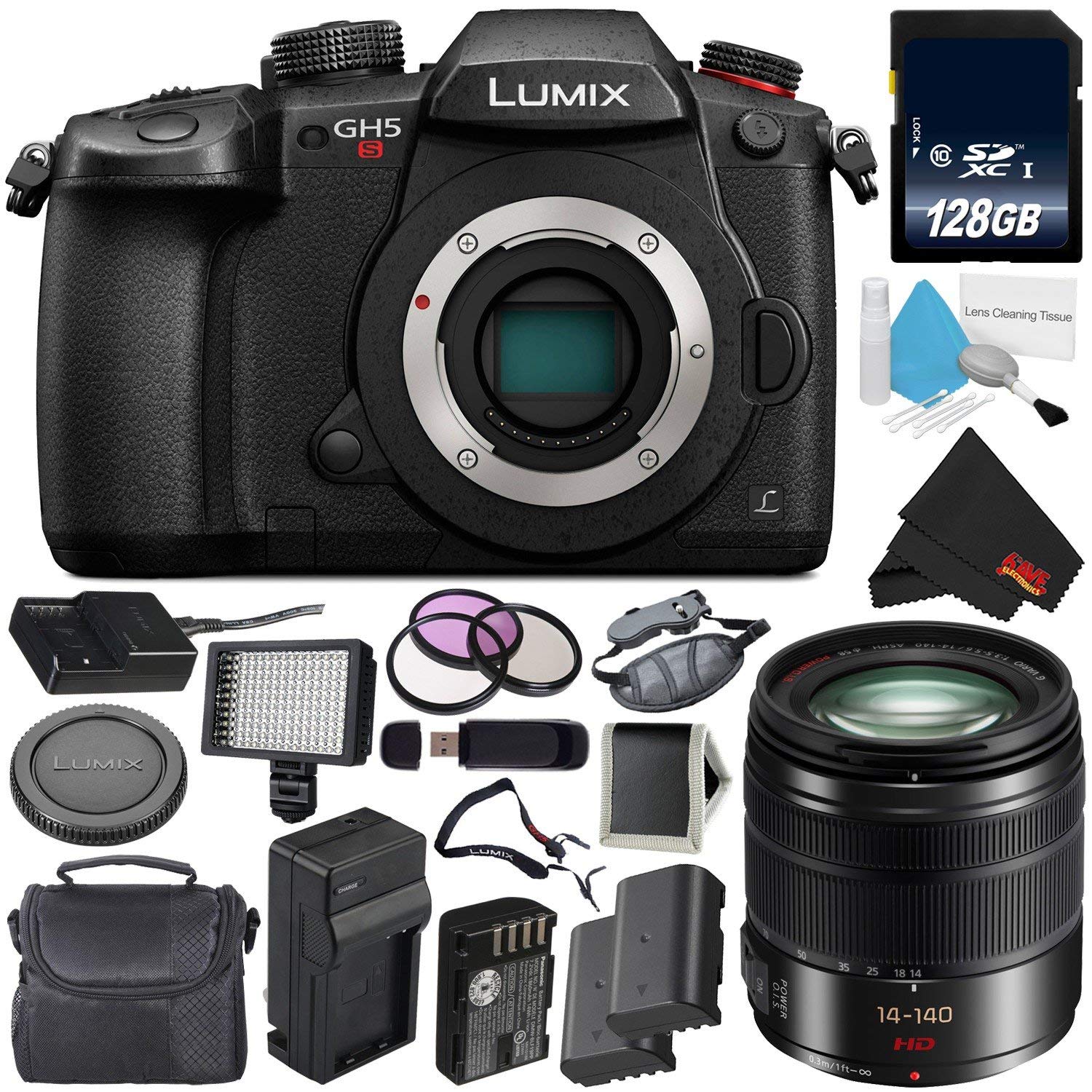 Panasonic Lumix DC-GH5S Mirrorless Micro Four Thirds Digital Camera International Version + Panasonic Lumix G Vario 14-140mm f/3.5-5.6 ASPH + 128GB Class 10 Memory Card Bundle