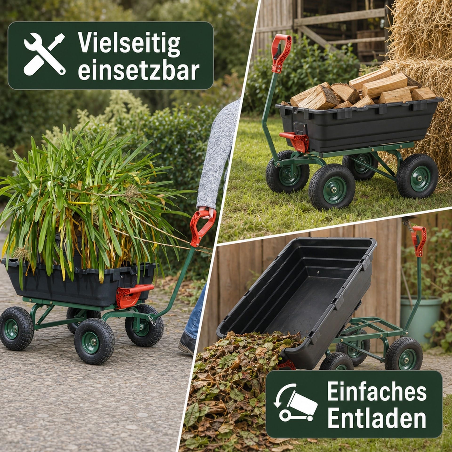 Garten Transportwagen GMGW350 350 kg Tragkraft kippbar breiter Radstand luftbereifte Räder Einhand-Kippfunktion Maße 101x70x52 cm ideal Garten Landwirtschaft