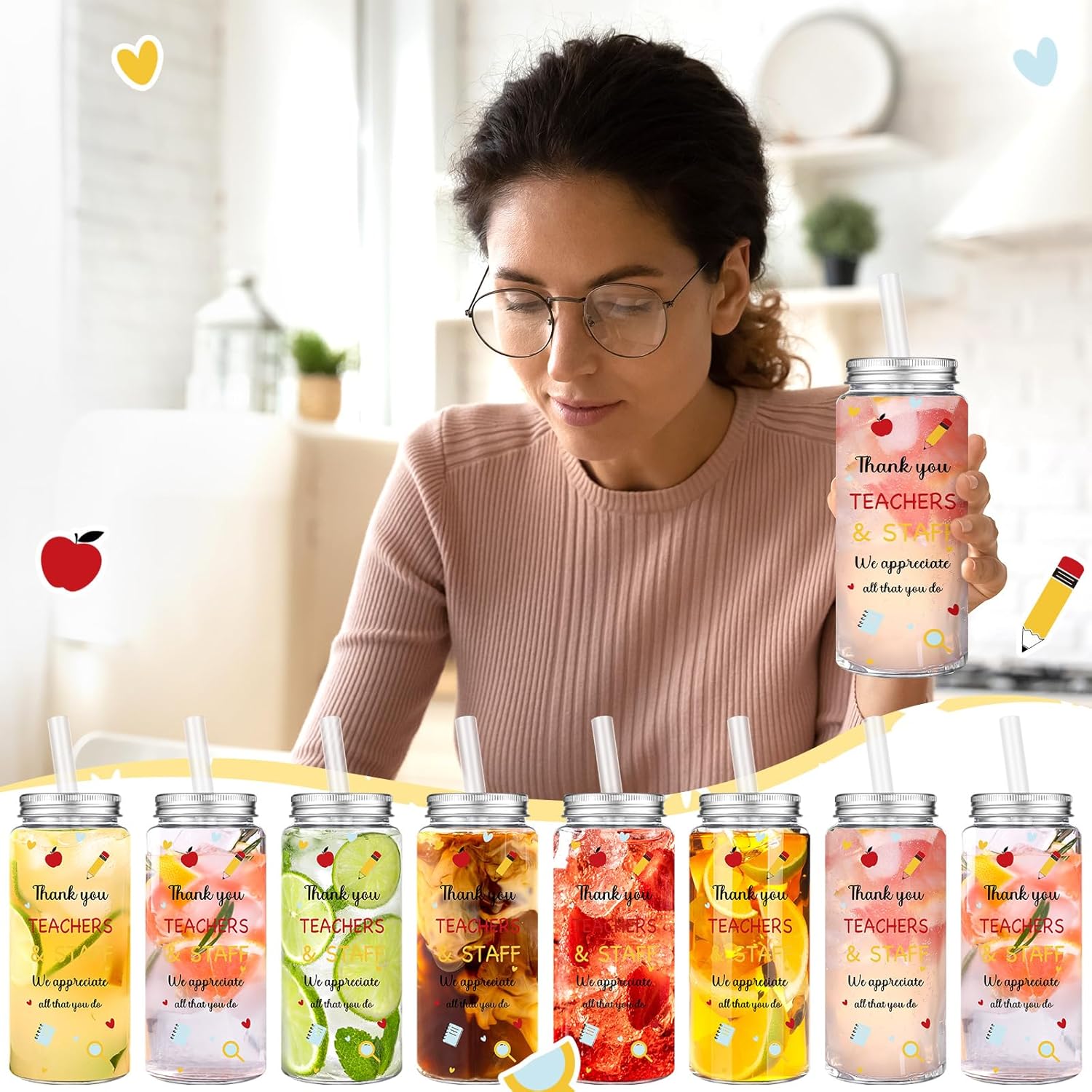 Skylety 24 Pack Teacher and Staff Appreciation Cup Gift Bulk Teacher Appreciation Week School Party Favors Plastic Tumbler with Lids and Straws We Appreciate All That You Do Gift for Party Supplies
