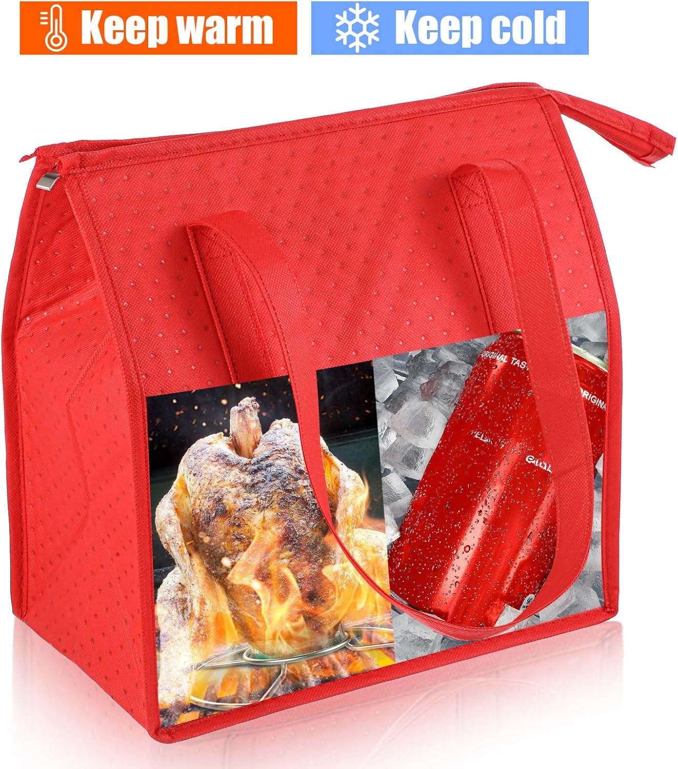 6 Pcs Insulated Grocery Bags Insulated Shopping Bag Small Red Large Reusable Insulat Cooler Bag with Zipper Top Shopping Totes for Hot or Cold Food - Image 4