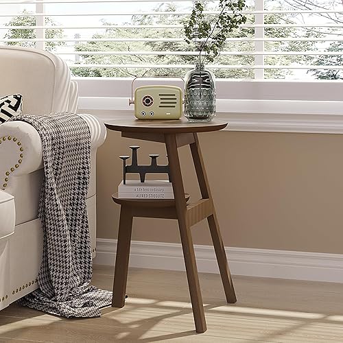 Treocho Round End Side Table, Accent Table with 2 Tier Shelves, Nightstand Bedside Table for Living Room Bedroom and Small Space, Walnut