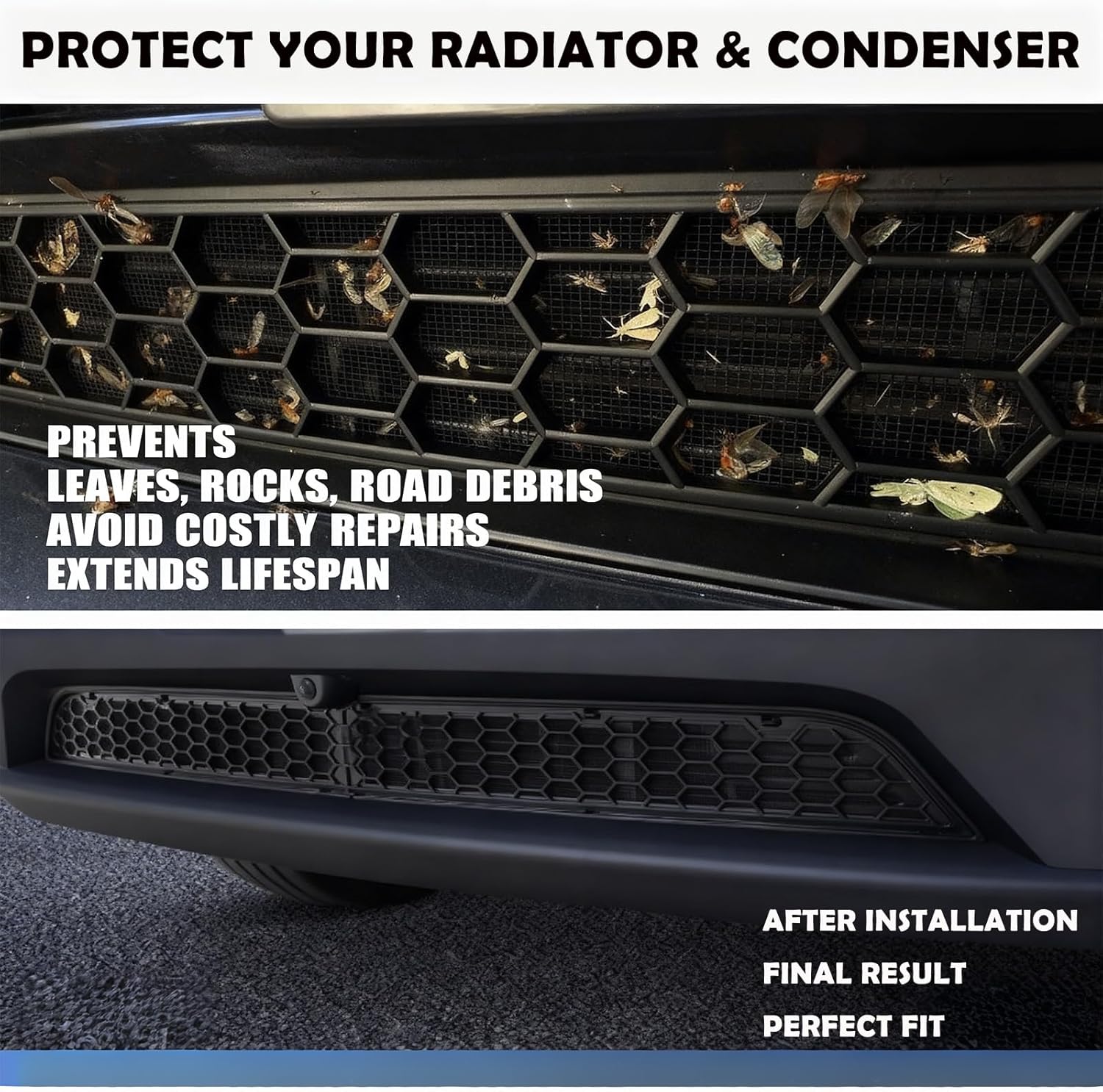 Lower Bumper Grille Mesh Insert, Compatible with Tesla Model 3 Highland 2024-2025, Not Front Camera/Performance, Snap-On, No-Drill, ABS + Steel Mesh