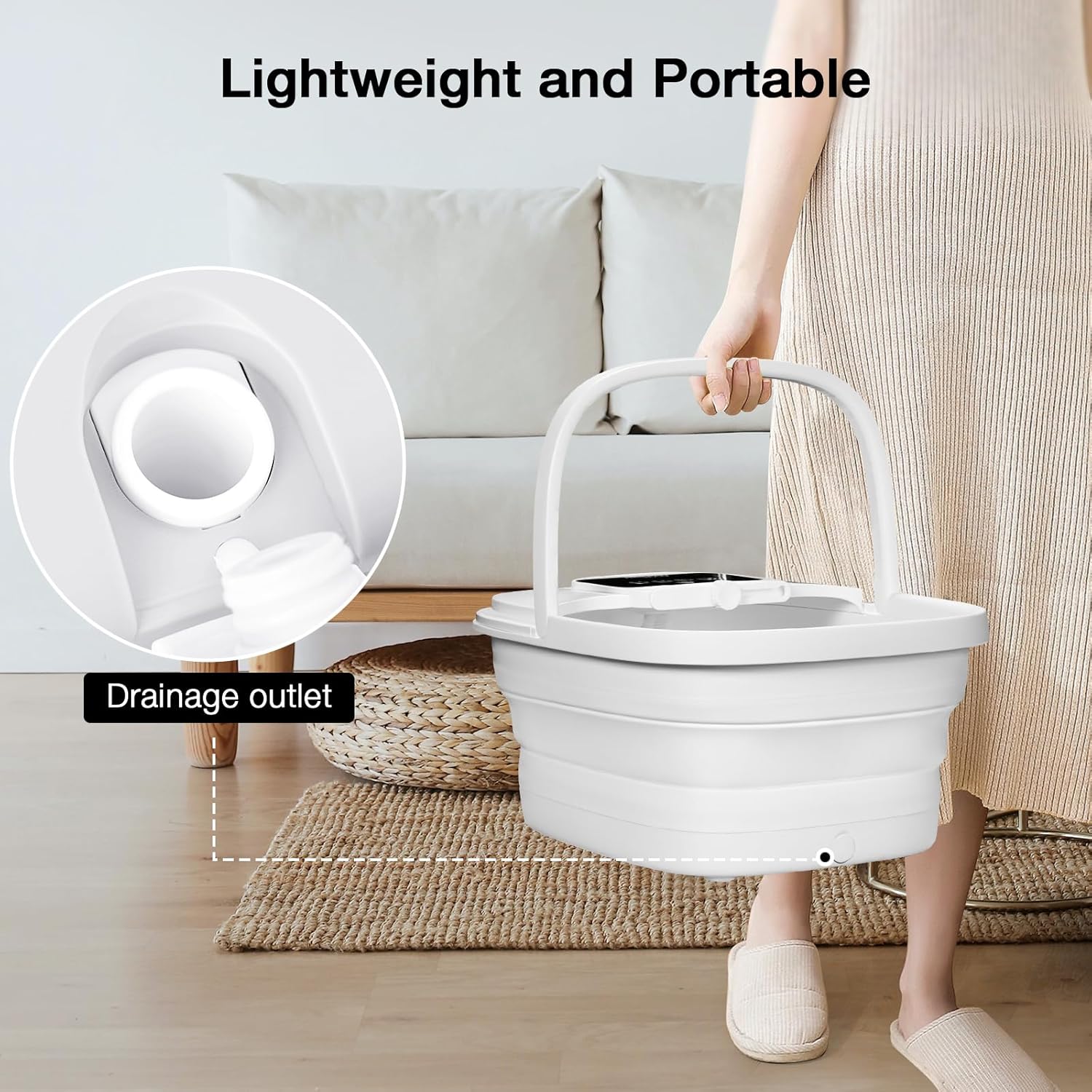 Woman carrying the HOSPAN Collapsible Foot Spa by its handle, showing its portability and drainage outlet