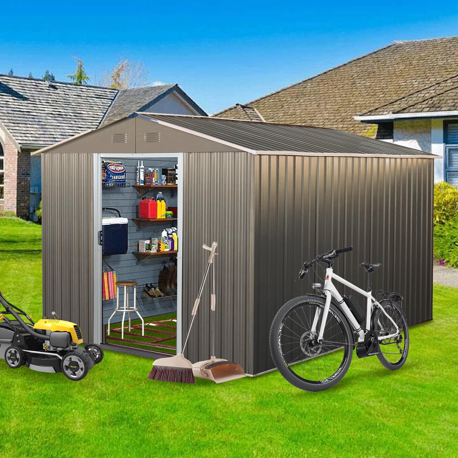Ball & Cast 10'x10' Metal Storage Shed - Lockable Doors & Ventilation (Gray)
