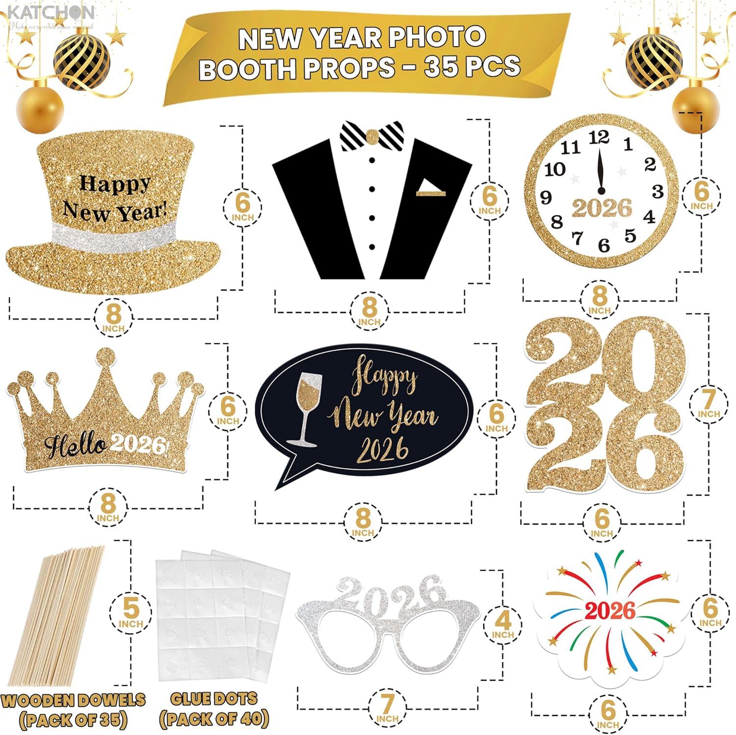 Katchon, Pack of 70, Glitter New Years Photo Booth Props | NYE Photo Booth Prop | NYE Decorations 2026 with New Year Photo Booth Props 2026 | NYE Photo Props New Years Eve Party Supplies 2026