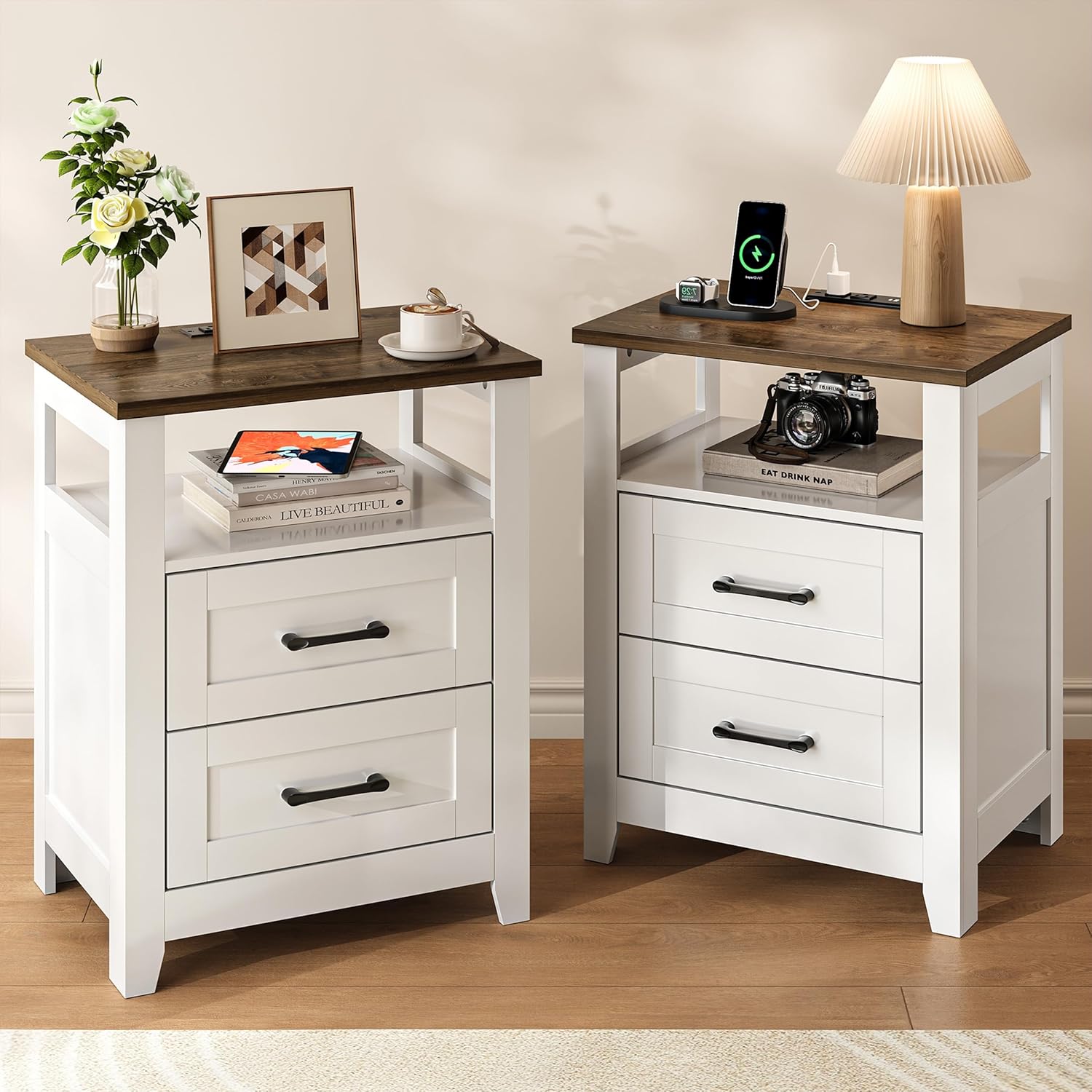 Farmhouse Nightstand with Charging Station, Set of 2 Modern End Tables with 2 Drawers & Open Shelf, Outlets, USB Ports & Type-C Ports, Wood Rustic Nightstands for Bedroom (Pure White + Walnut)