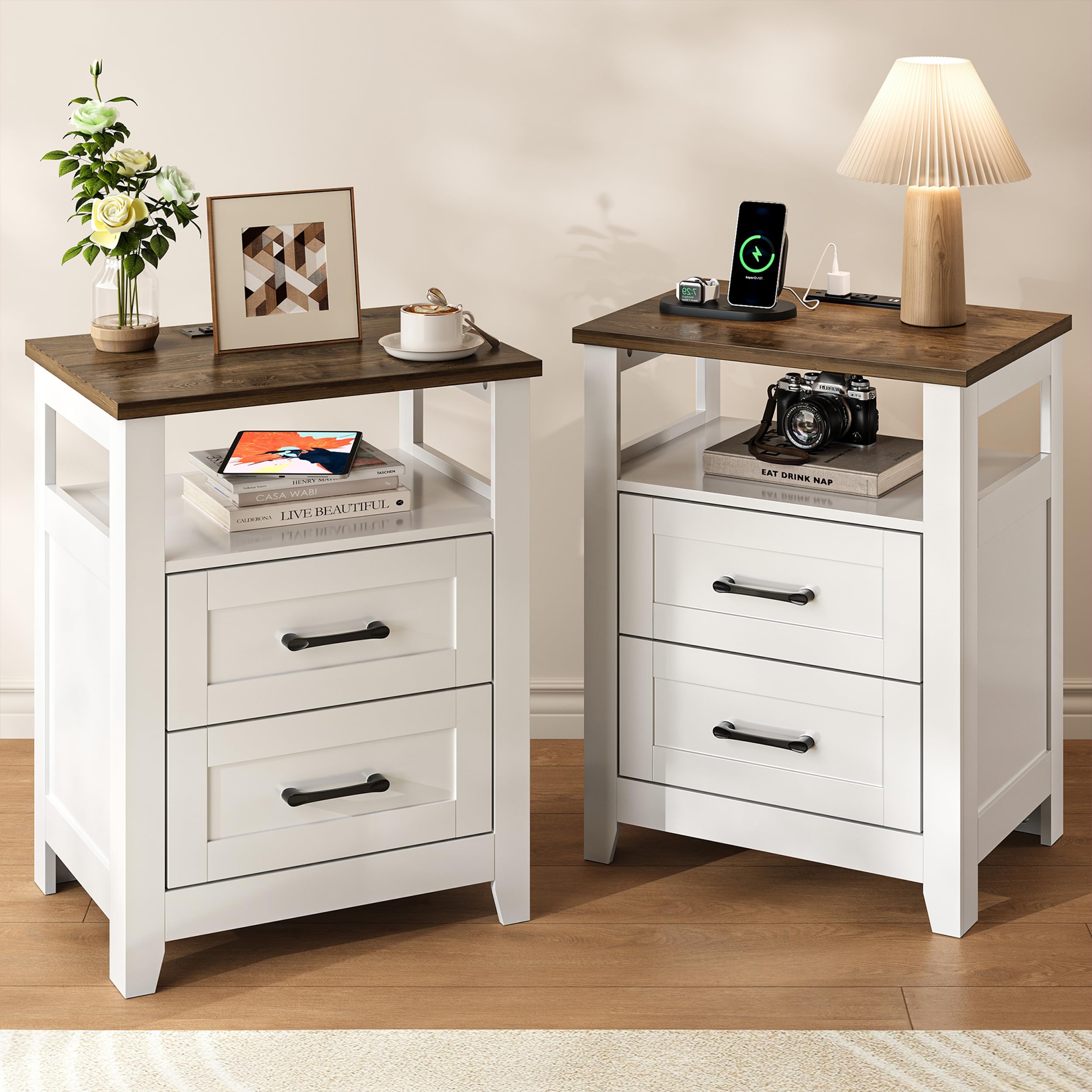 Decofy Farmhouse Nightstand with Charging Station, Set of 2 Modern End Tables with 2 Drawers & Open Shelf, Outlets, USB Ports & Type-C Ports, Wood