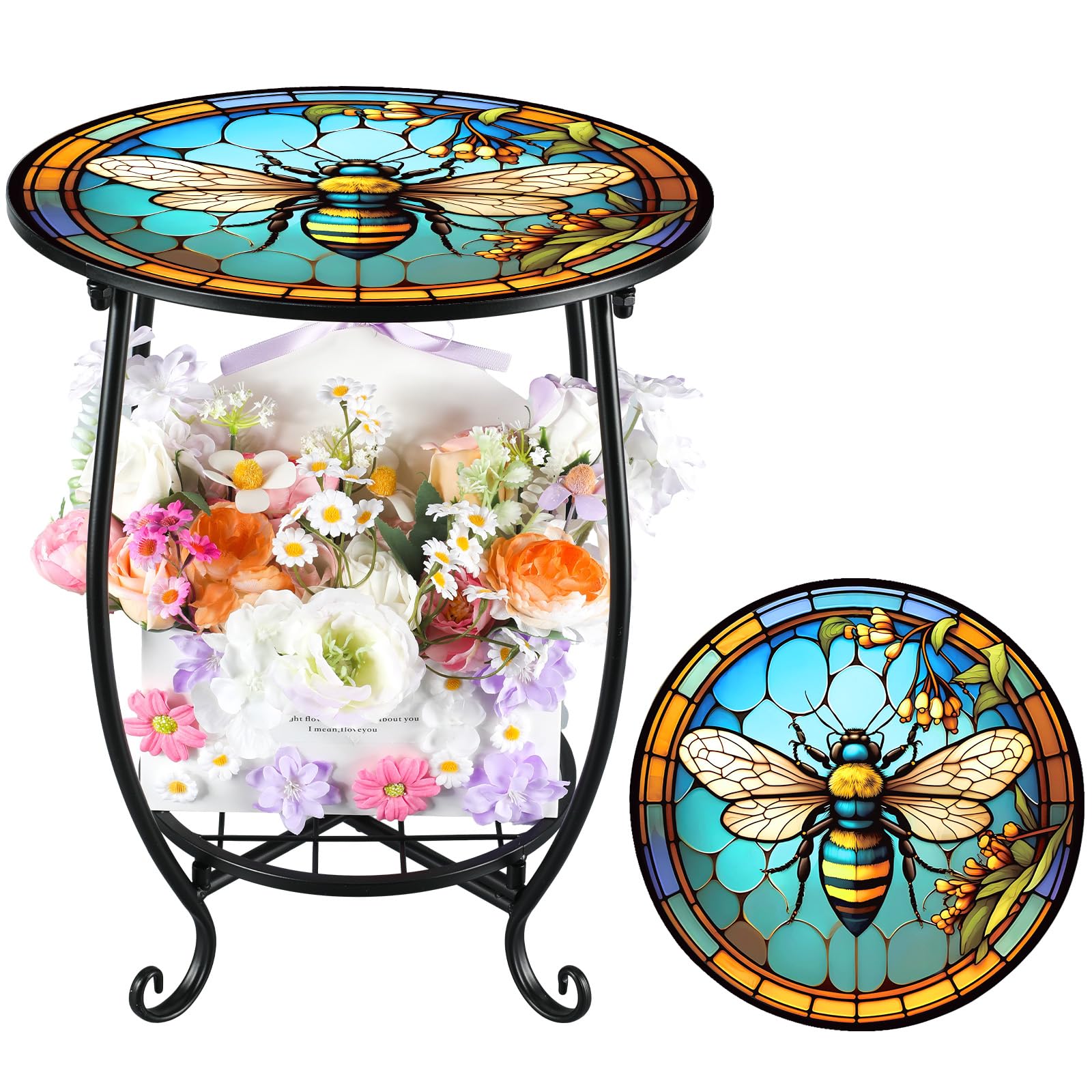 outdoor side table round small mosaic patio accent indoor end plant coffee tea table for yard patio porch garden living room, bedroom(bee style,14 inch)