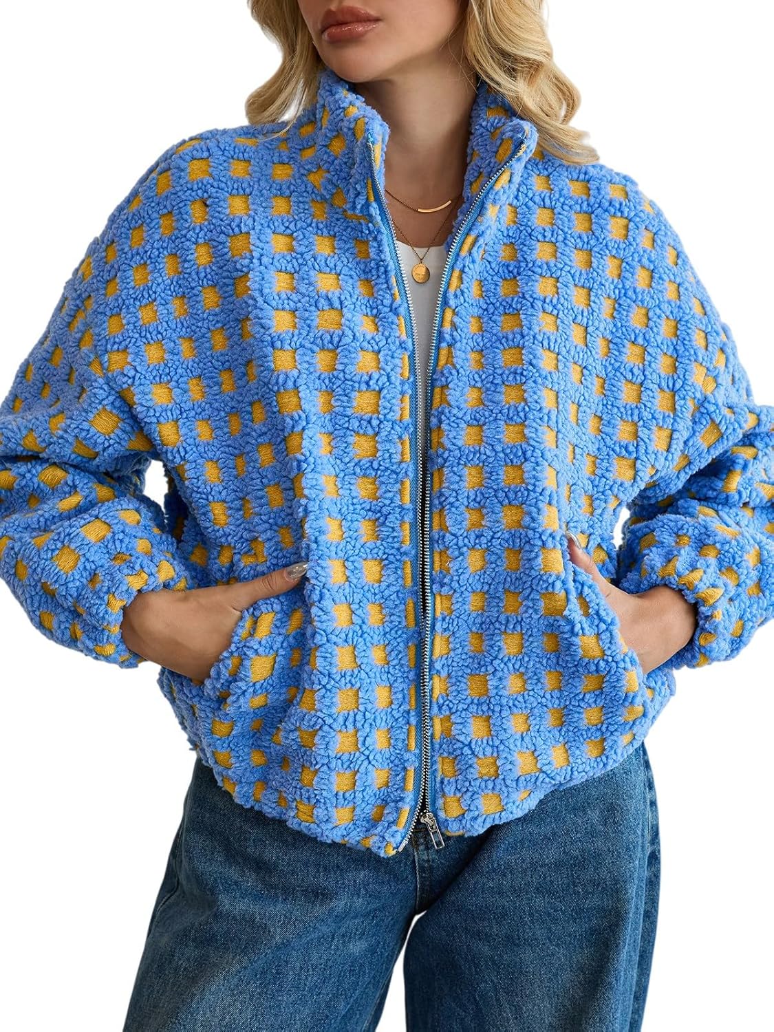 Oymyakon Women Checkered Sherpa Jacket Cropped Long Sleeve Fuzzy Plaid Fleece Coats Casual Zip Up Gingham Outwear