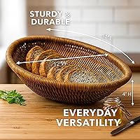 Vista 6 de Cesta de mimbre ovalada tejida a mano, bandeja de ratán natural para pan, frutas y almacenamiento, centro de mesa decorativo rústico para mesa
