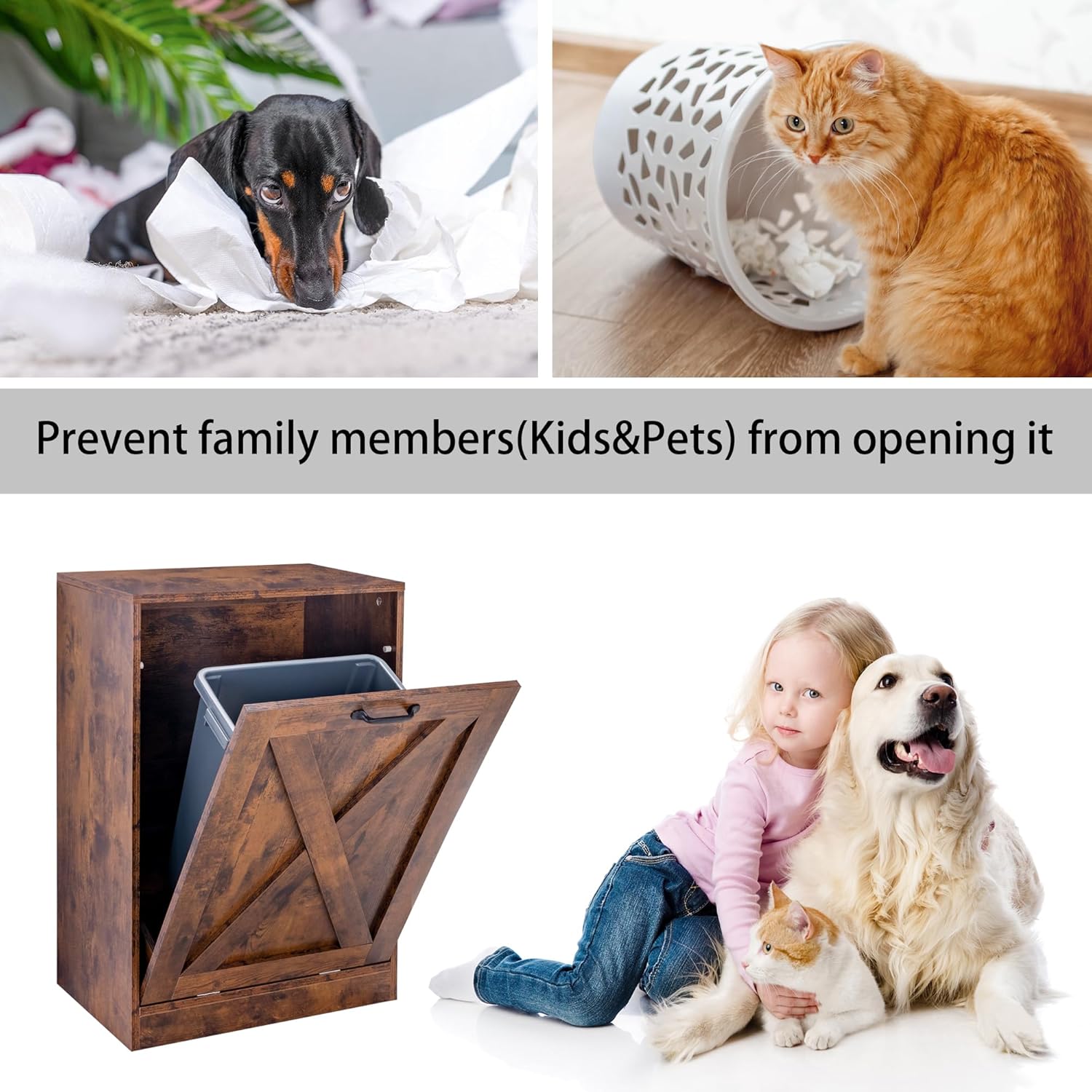 Zvyteay Tilt-Out Trash Can Cabinet preventing access by kids and pets