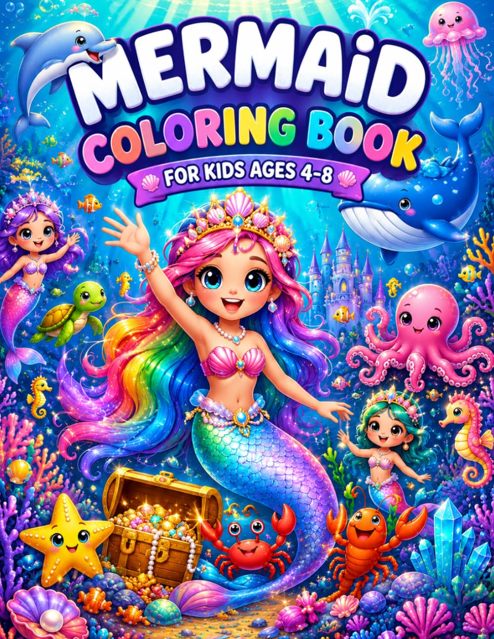 Mermaid Coloring Book for Kids Ages 4-8: Cute Mermaids, Dolphins, Whales, Octopus, Seahorses, Starfish & Magical Ocean Adventures