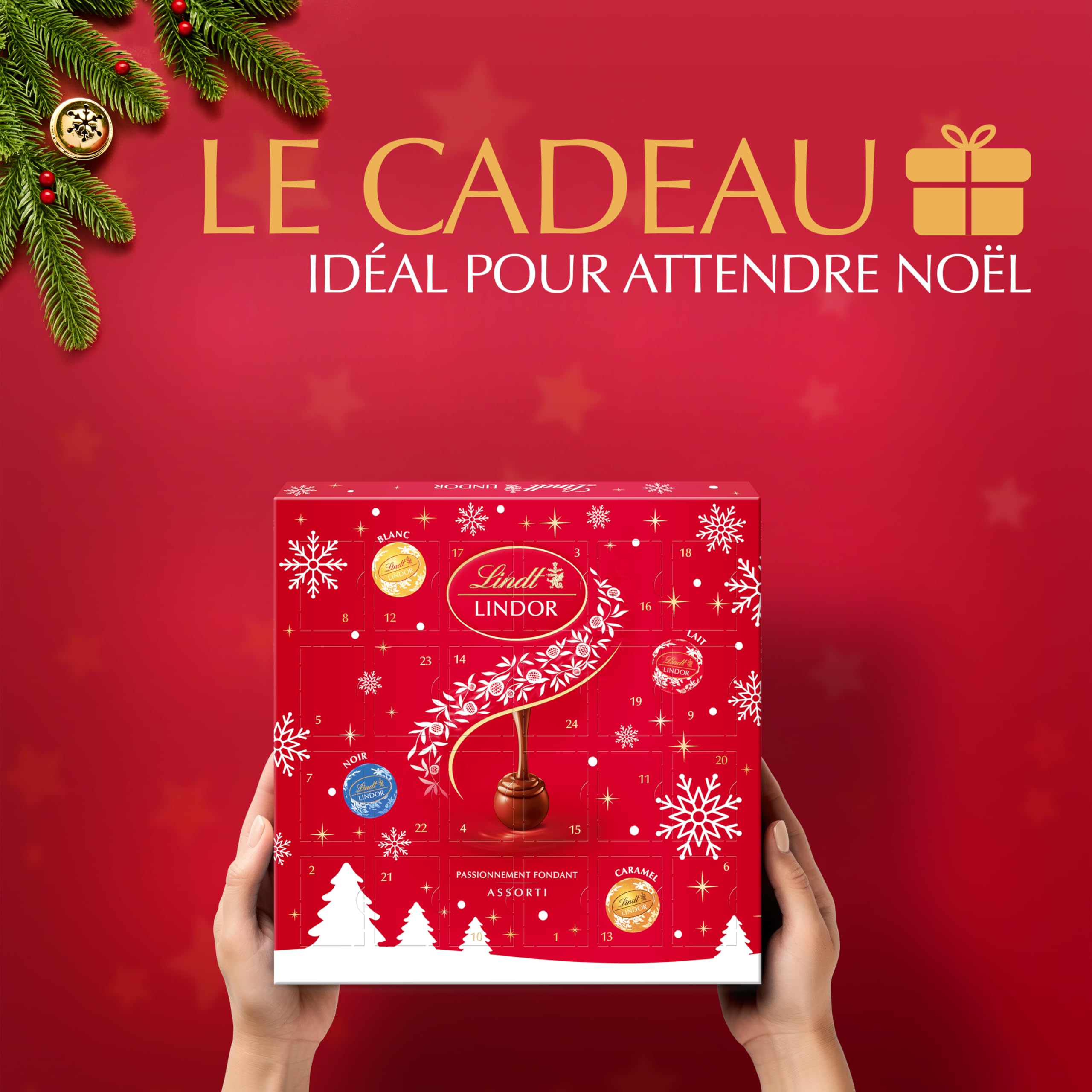 Lindt - Calendrier de l'Avent LINDOR - Assortiment de Chocolats au Lait, Noirs, Blancs, Caramel - Idéal pour Noël, 109g