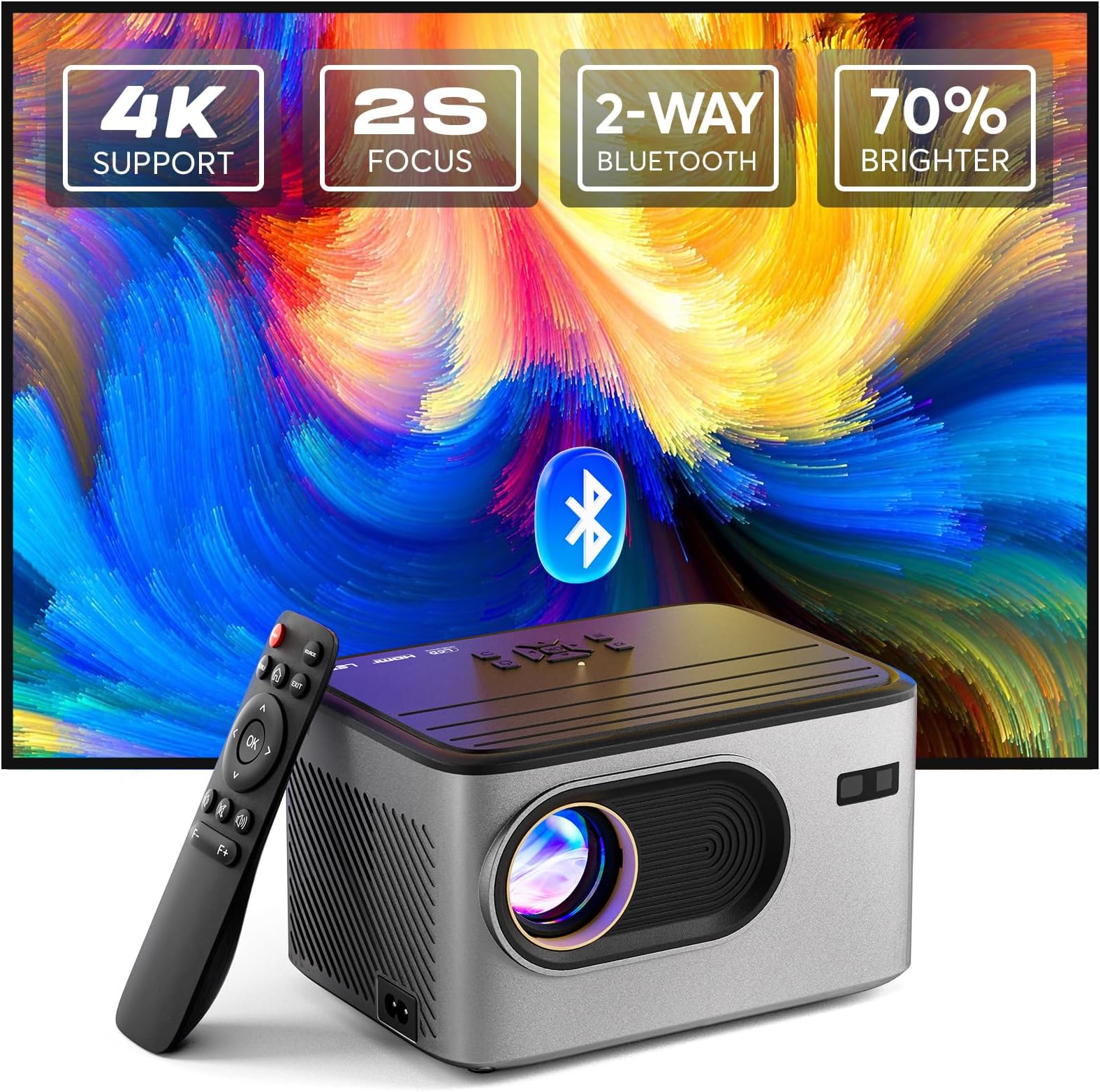 [2s Focus Remote] PANSEBA 4K Projector Native 1080P Outdoor Movie Projector, Bluetooth 5.2 Portable Mini Projector for Home Theater, Compatible with Smartphone/HDMI/USB/TV Stick
