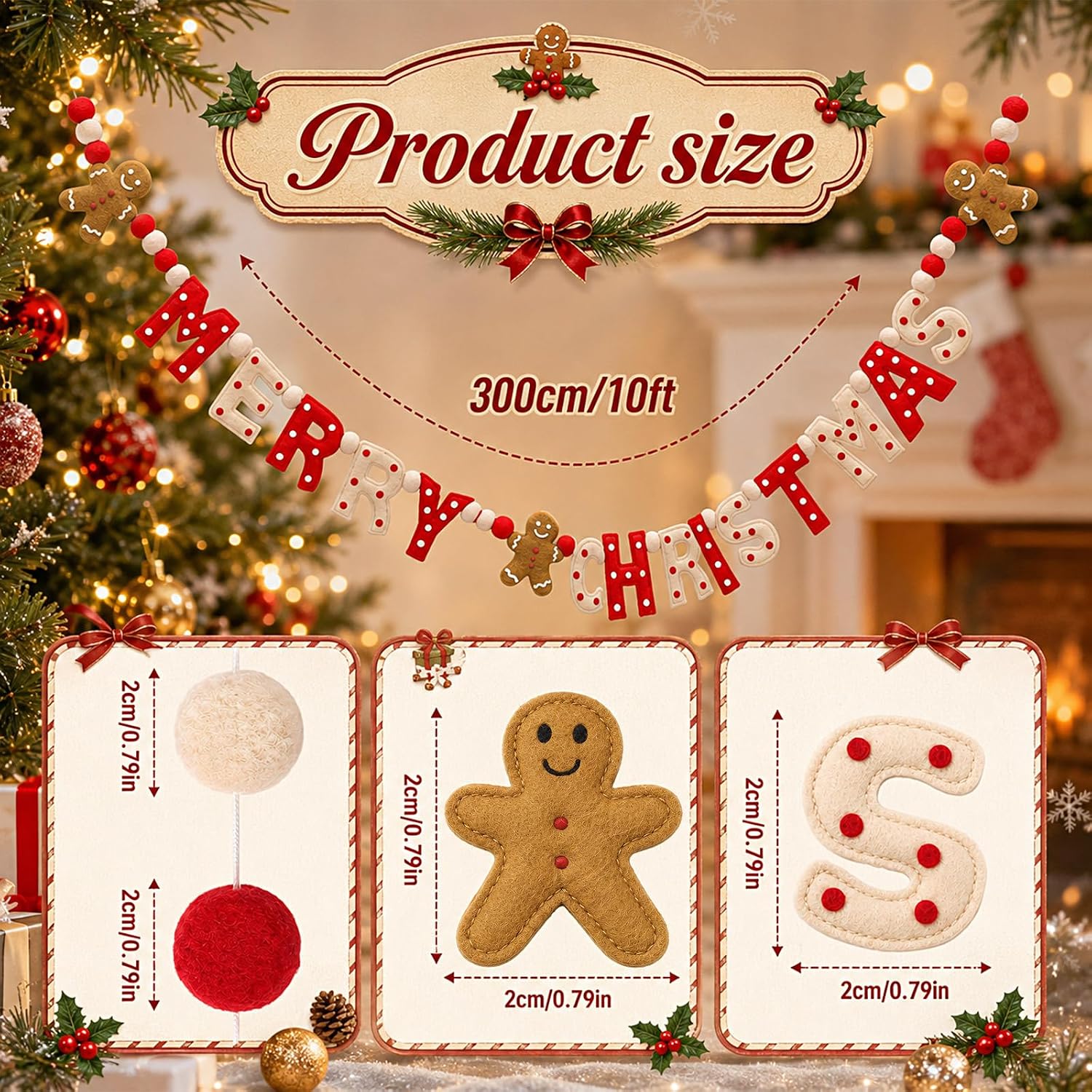 HunnmingRe Merry Christmas Felt Garland 10 ft Gingerbread Man Ball Banner